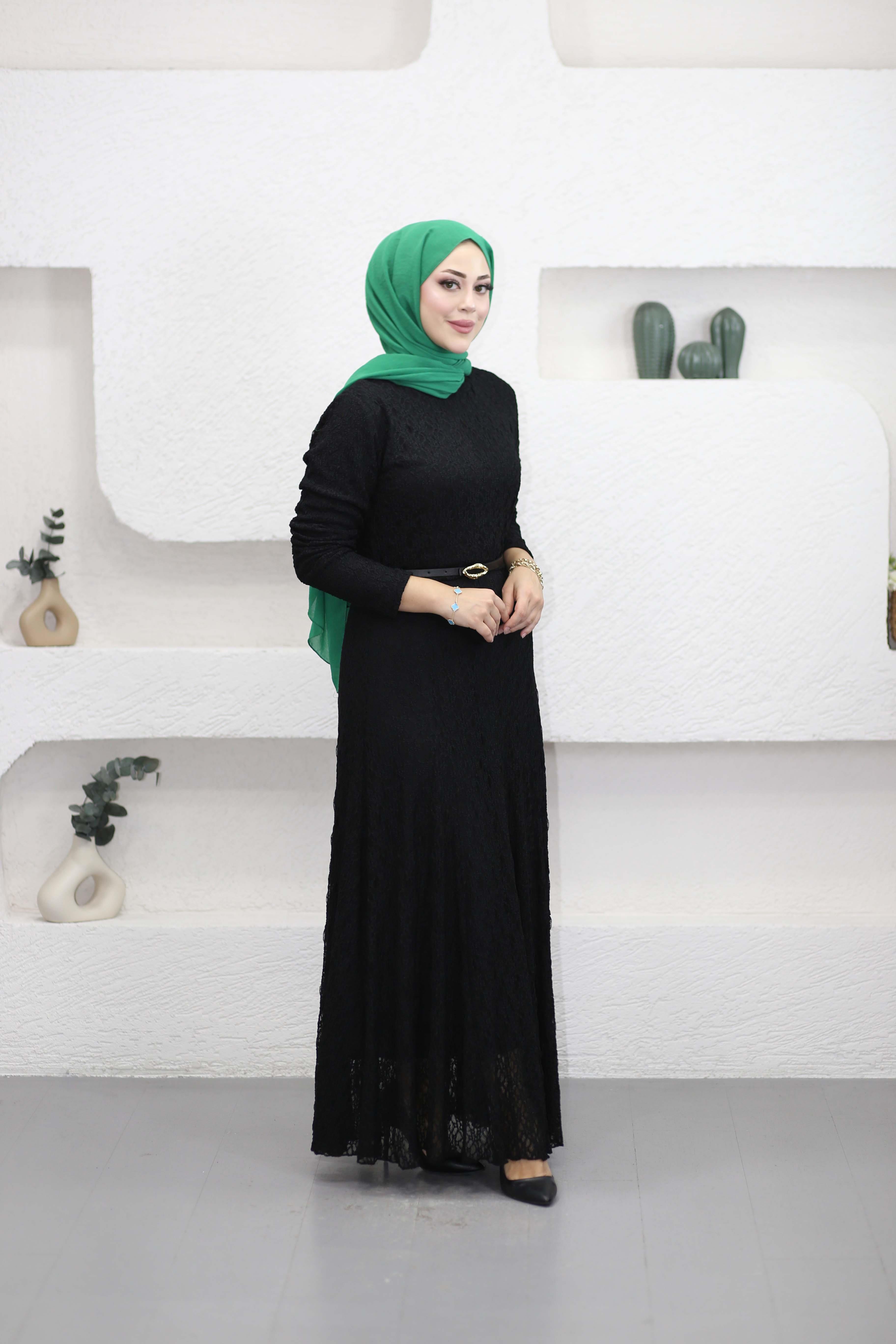 Kemerli Dantel Elbise Siyah 51246
