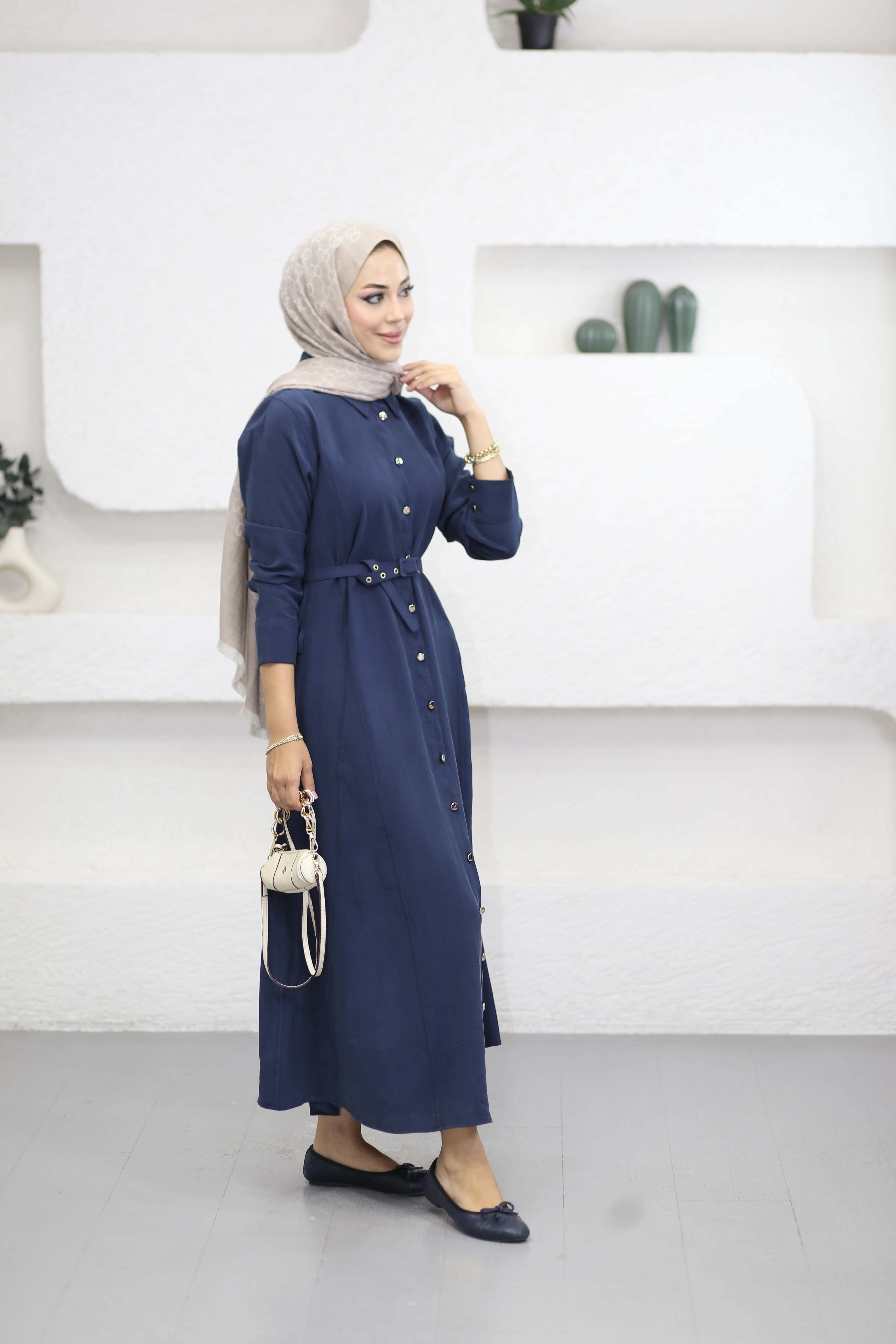 Düğmeli Tencel Gömlek Elbise Lacivert 5499