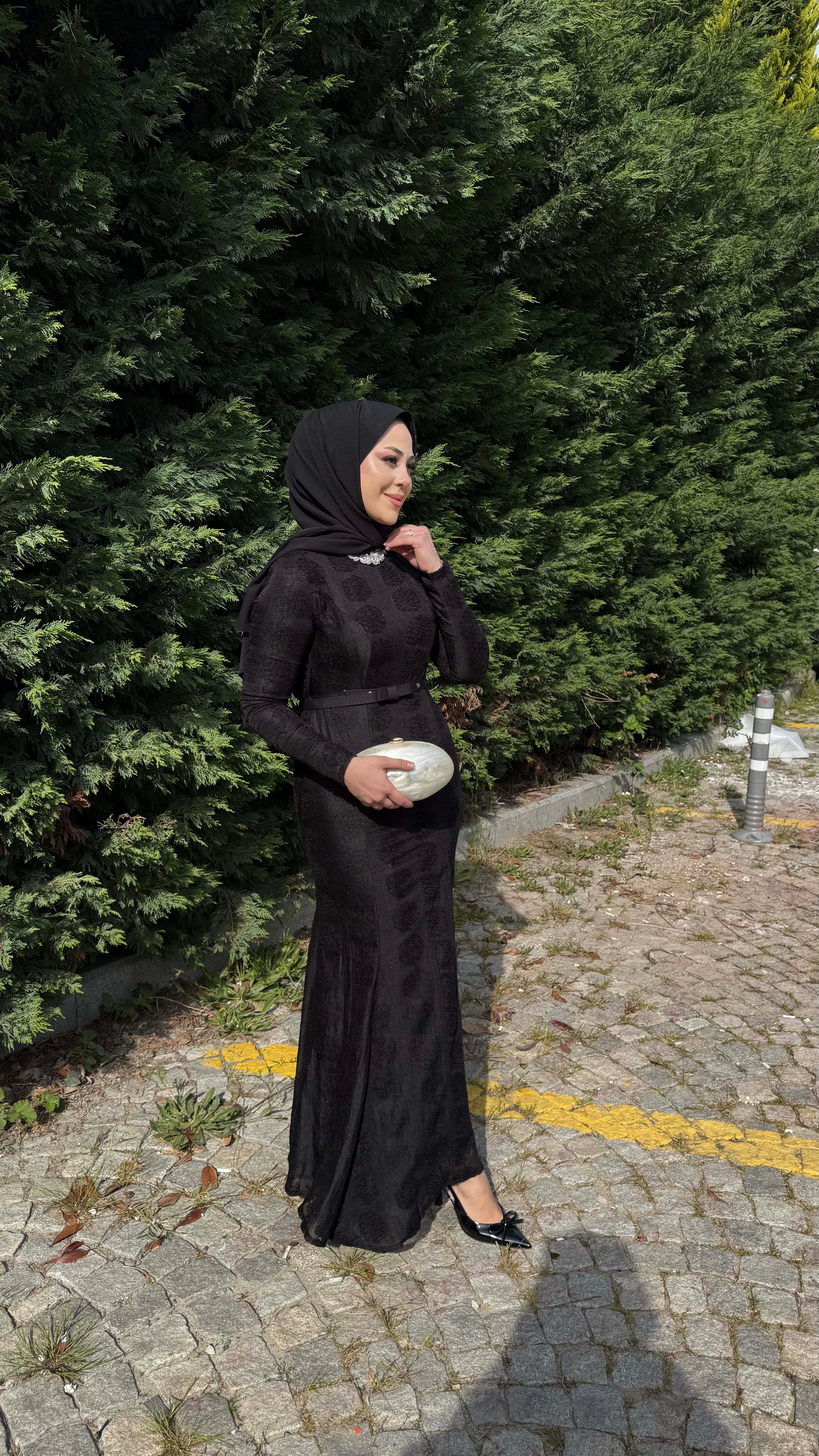 İnci Yaka Güpür Elbise Siyah 5775