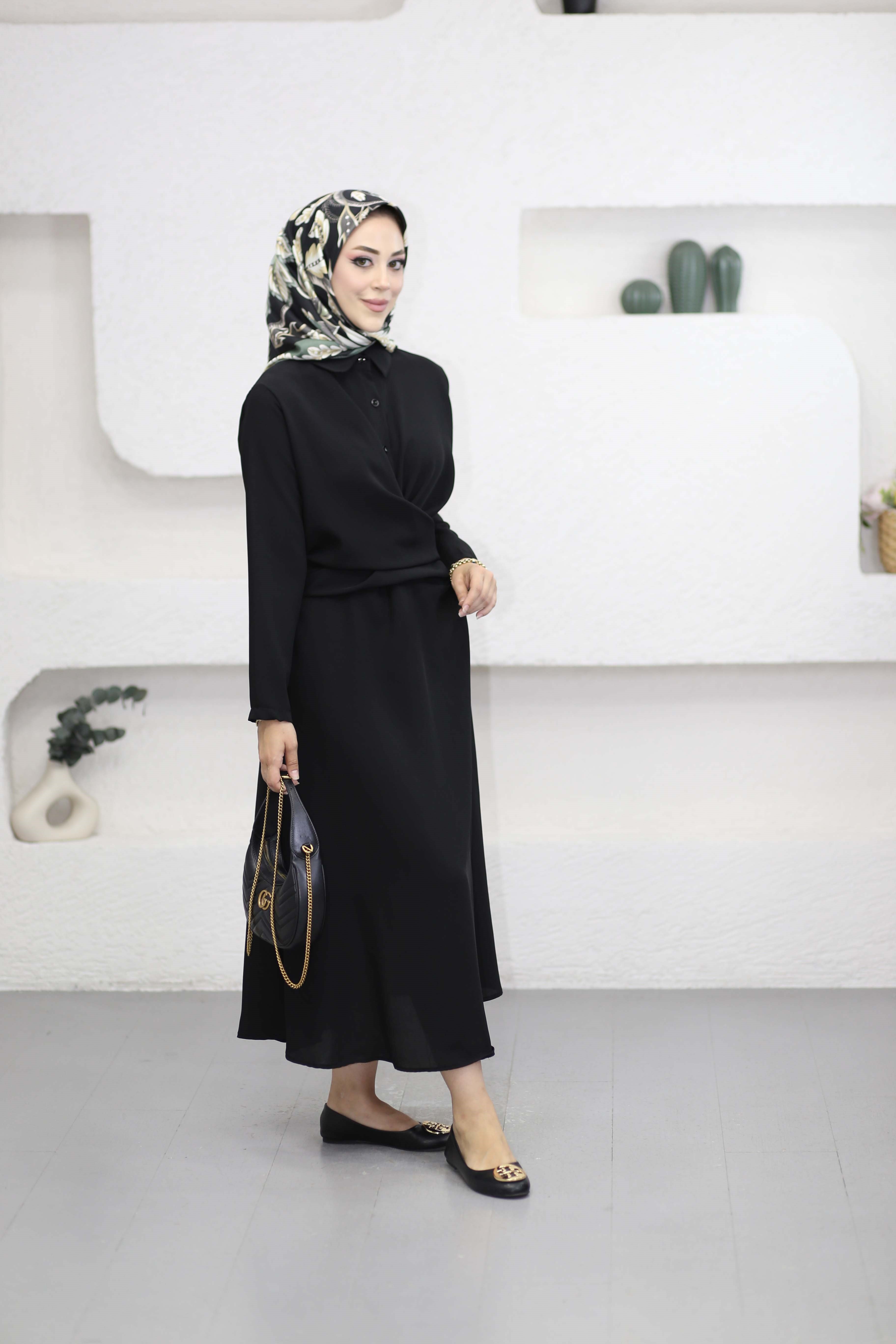 Çapraz Kuşaklı Çan Elbise Siyah 5542
