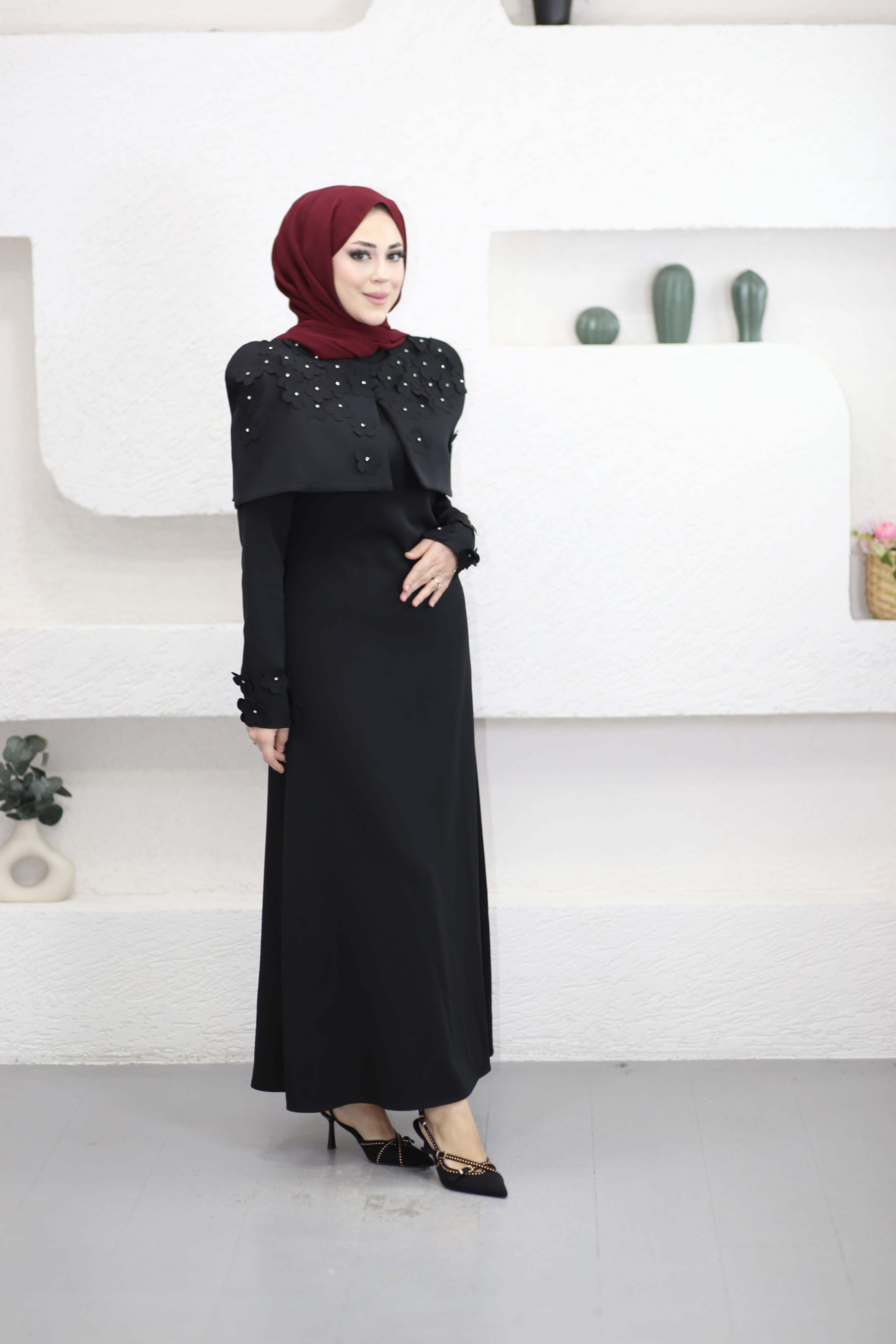 Çiçek Detaylı Bolerolu Elbise Siyah 26092