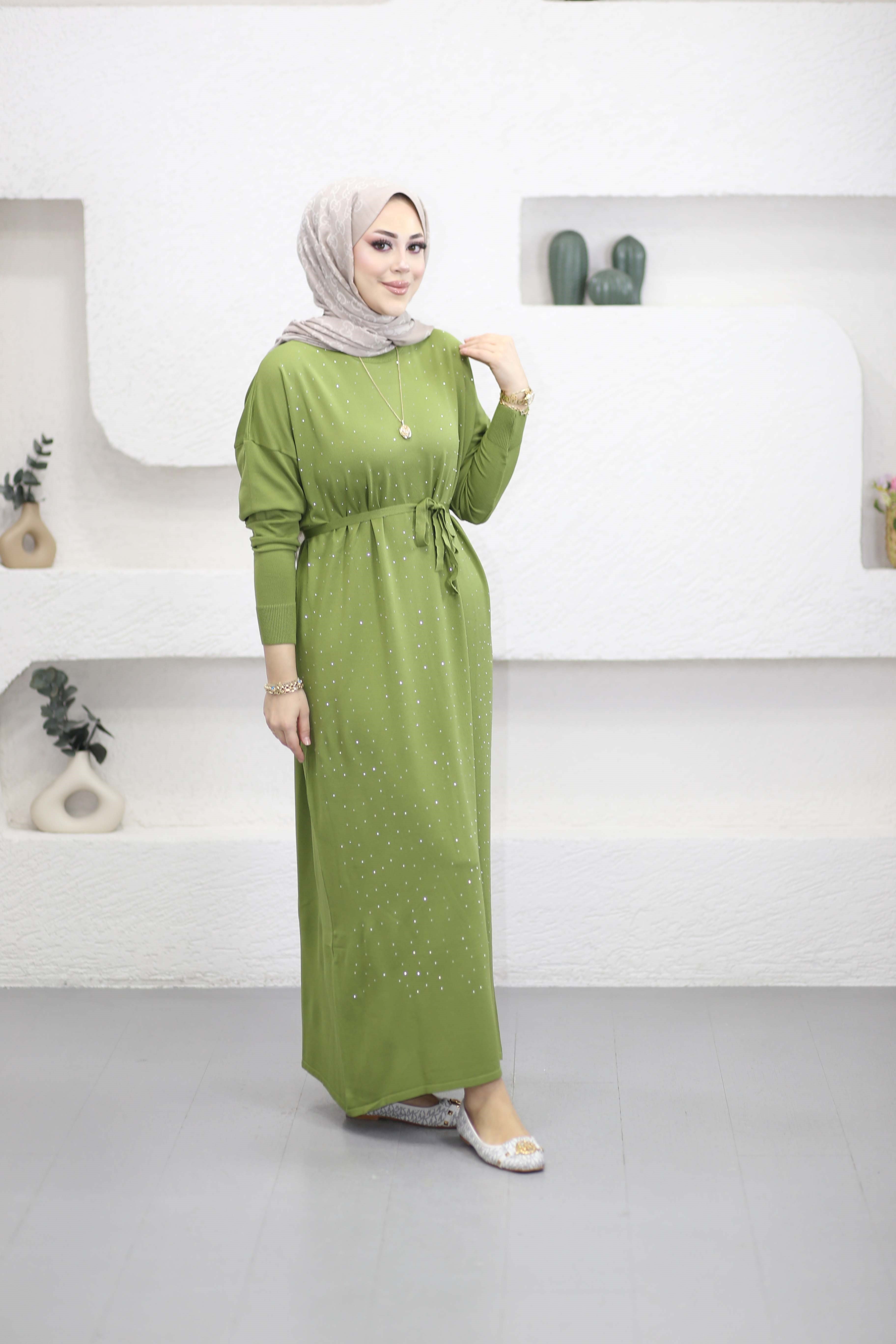 Taşlı Merserize Elbise Fıstık Yeşil 25270