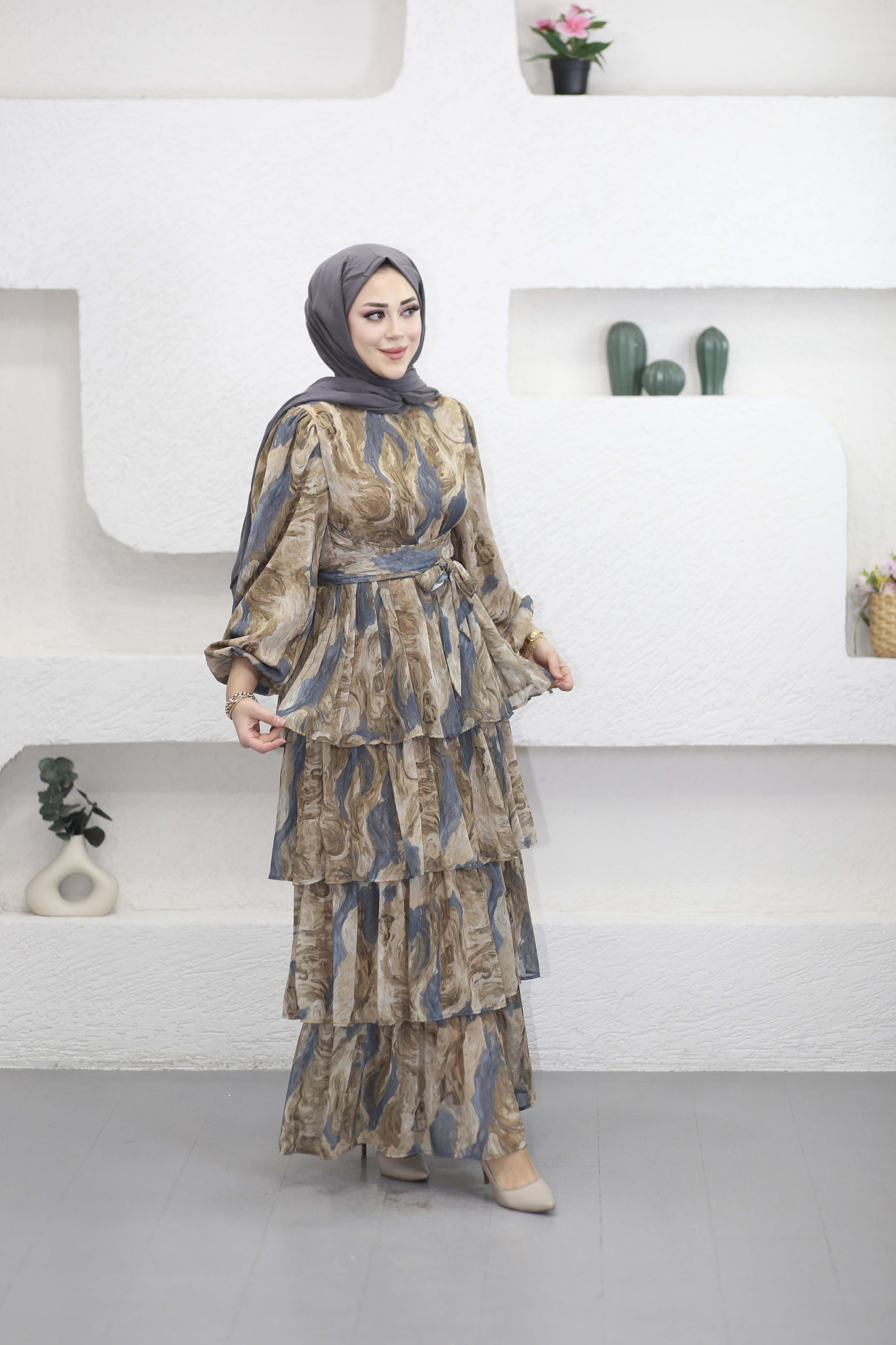 Kuşak Detaylı Kat Elbise Camel 2286