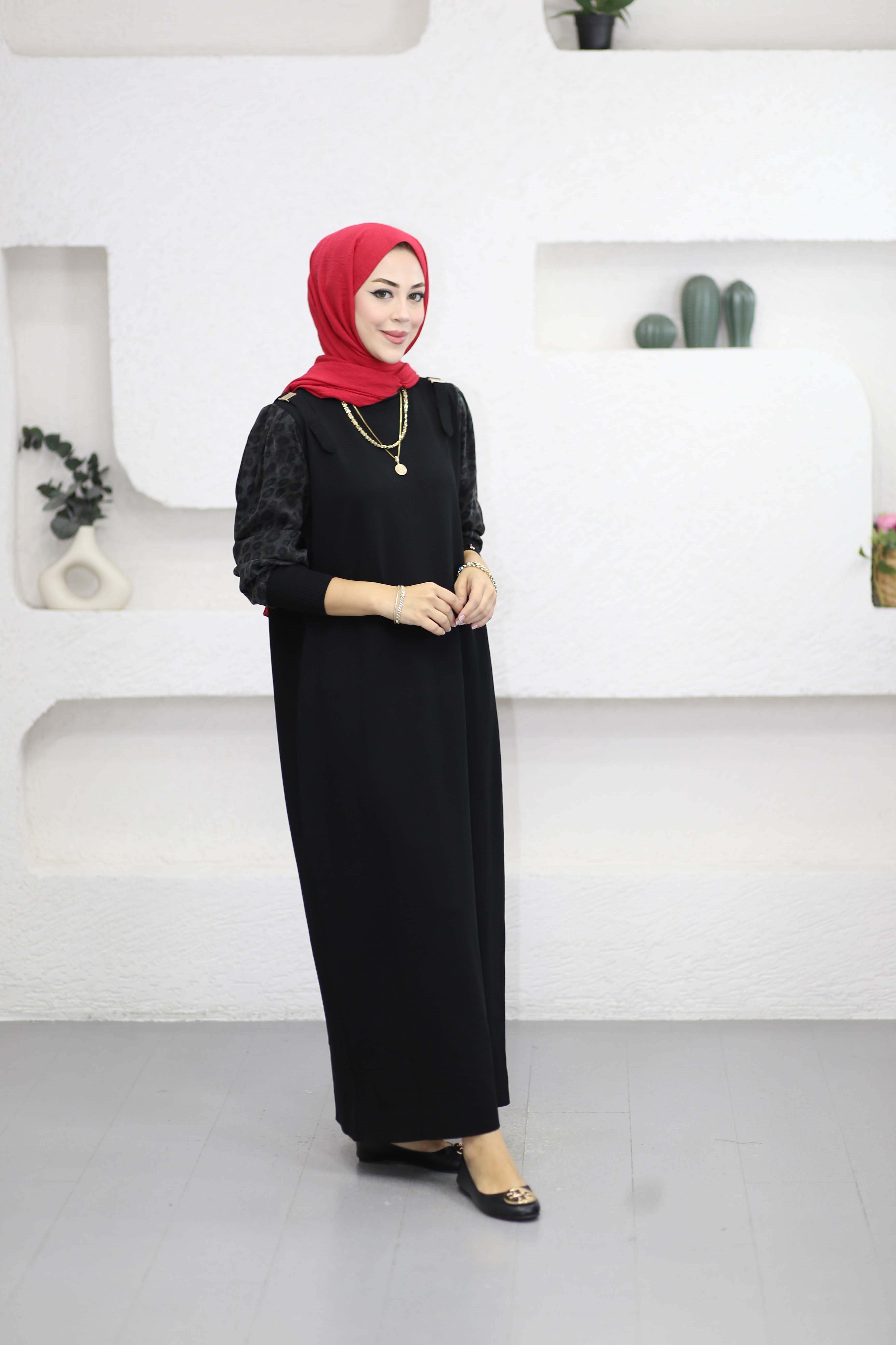 Leopar Kol Merserize Elbise Siyah 340