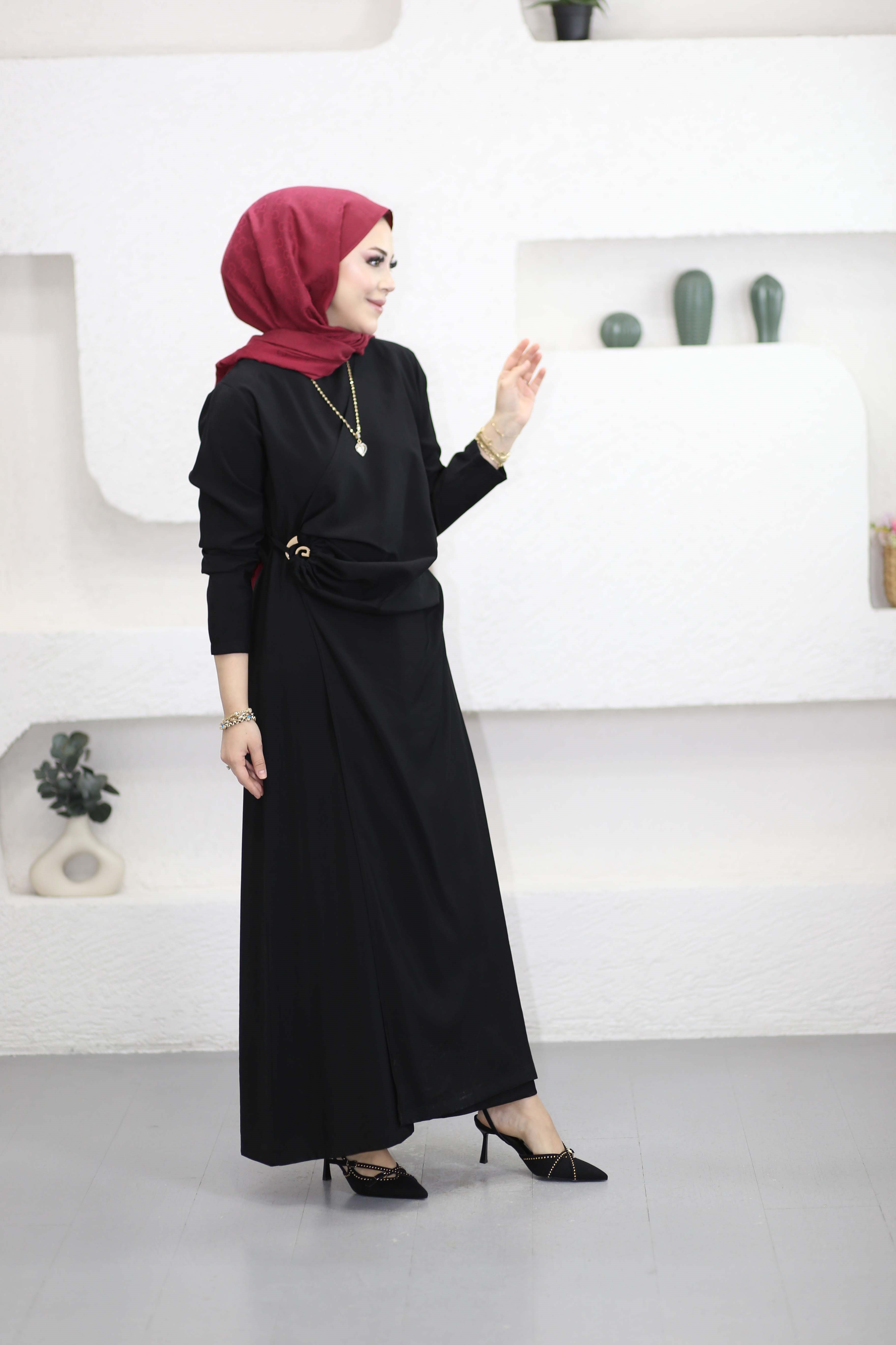 Anvelok Tokalı Elbise Siyah 4676