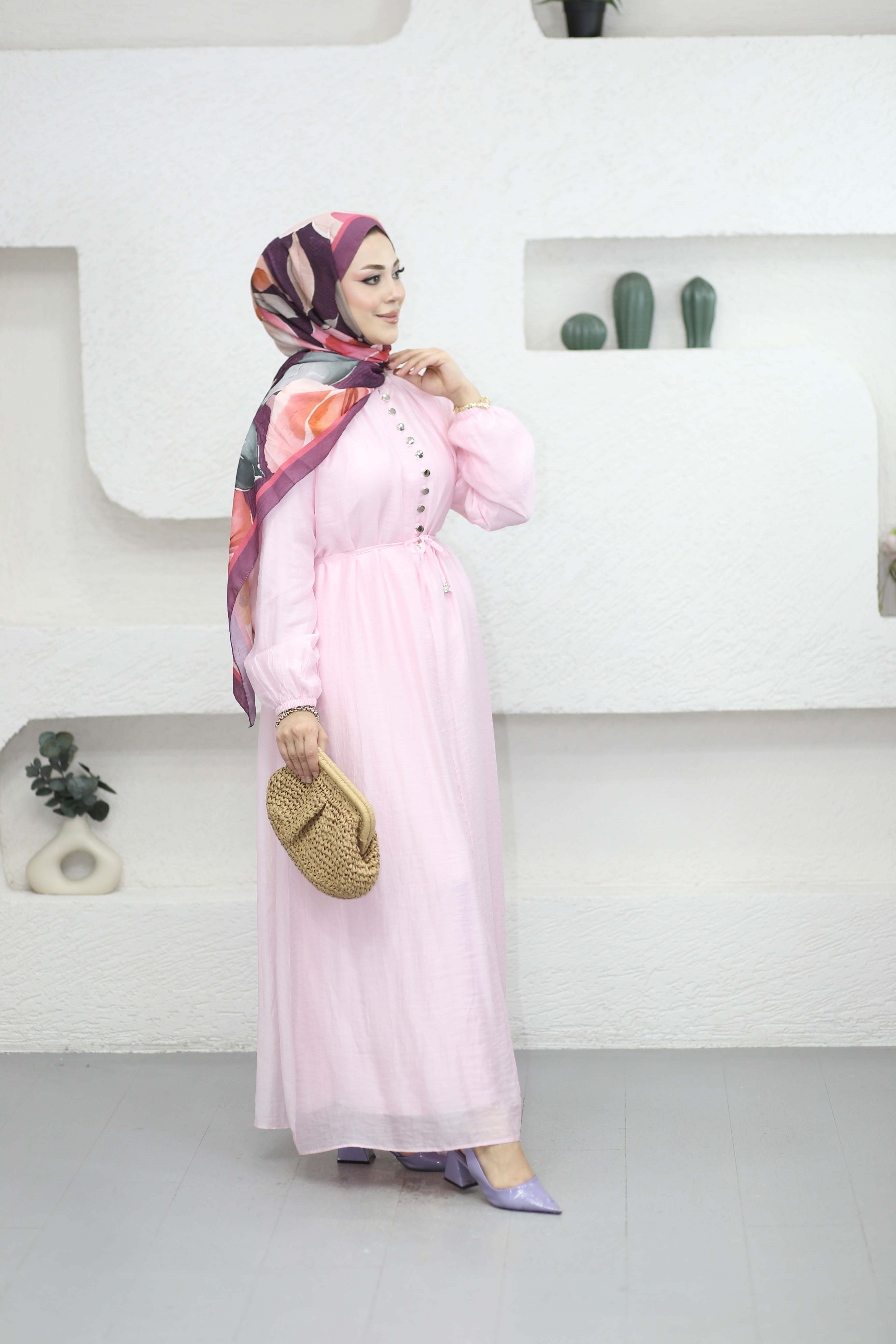 Yarı Düğmeli Elbise Pembe 5353