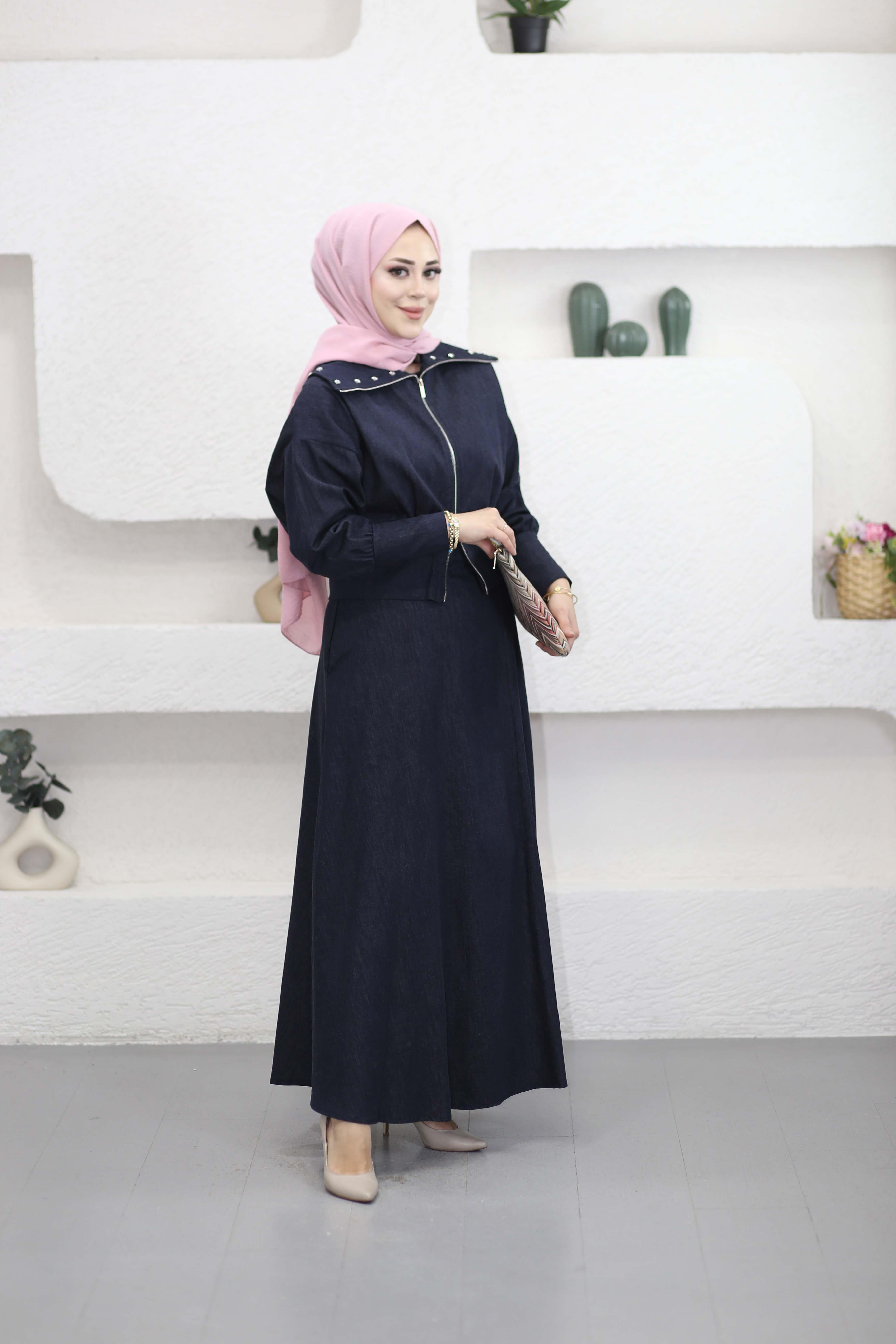 Yakası Taşlı Elbise Takım Lacivert 2004