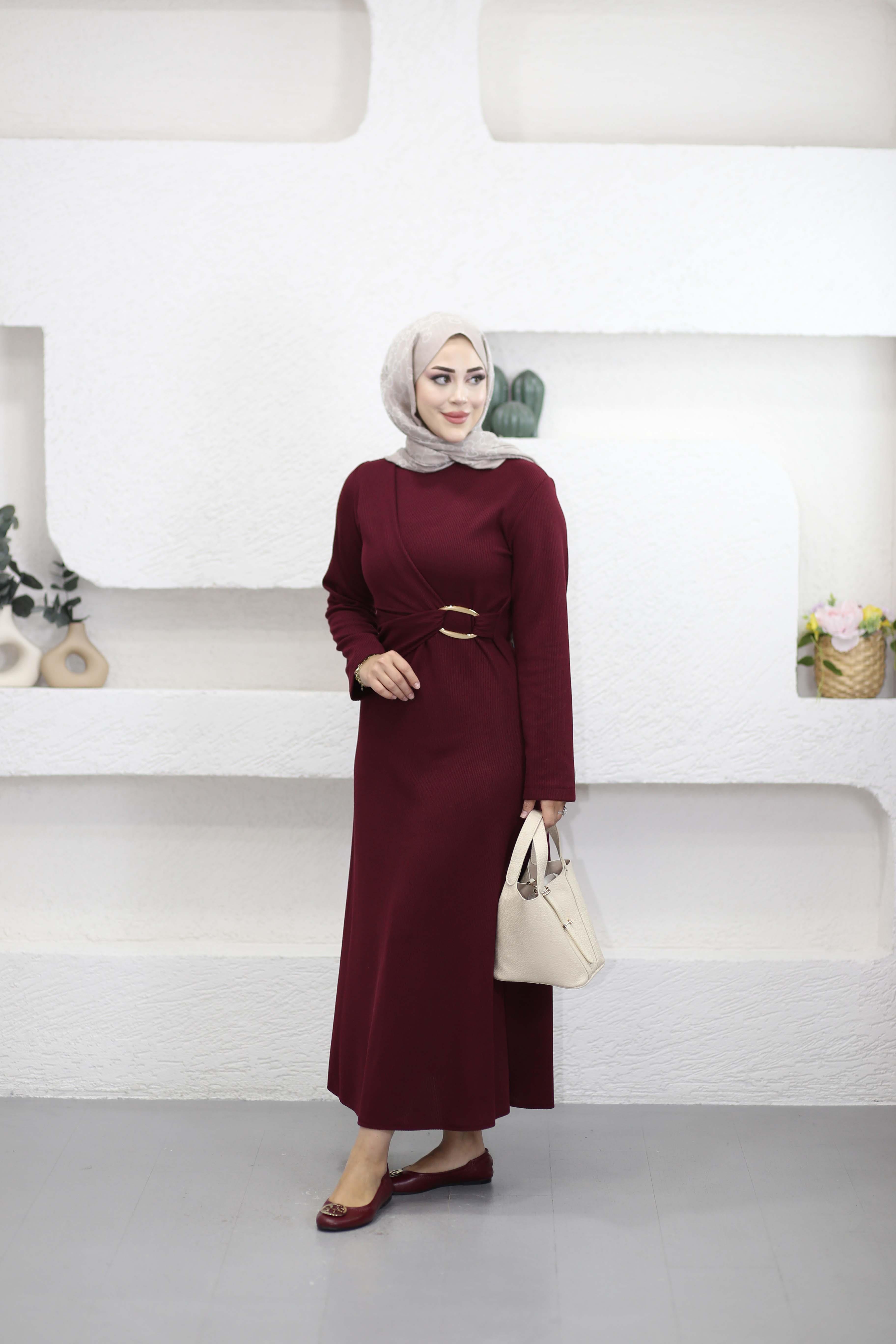 Fitilli Triko Tokalı Elbise Bordo 51249
