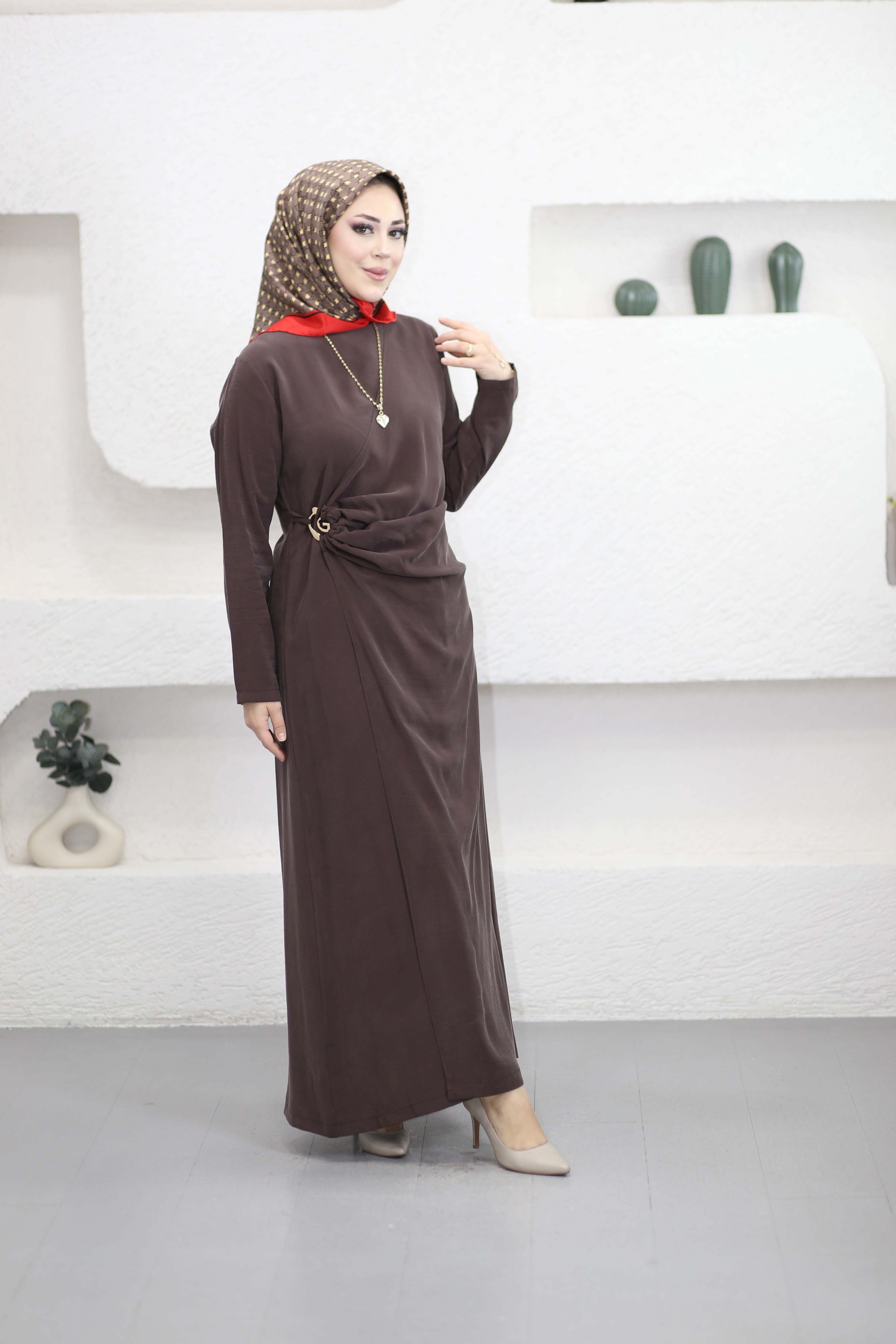 Anvelok Tokalı Elbise Kahverengi 4676