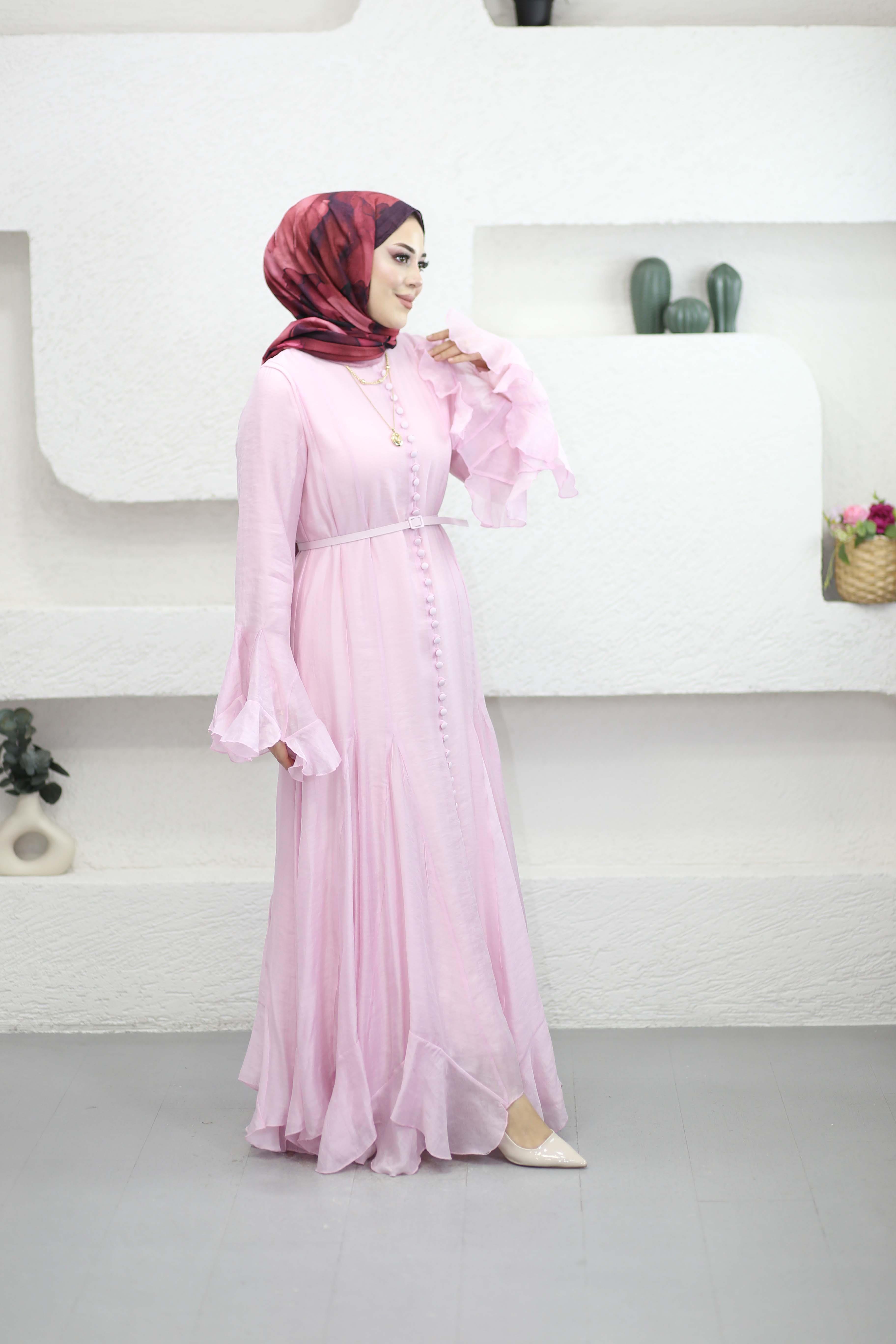 Volan Detaylı Düğmeli Elbise Pembe 26050