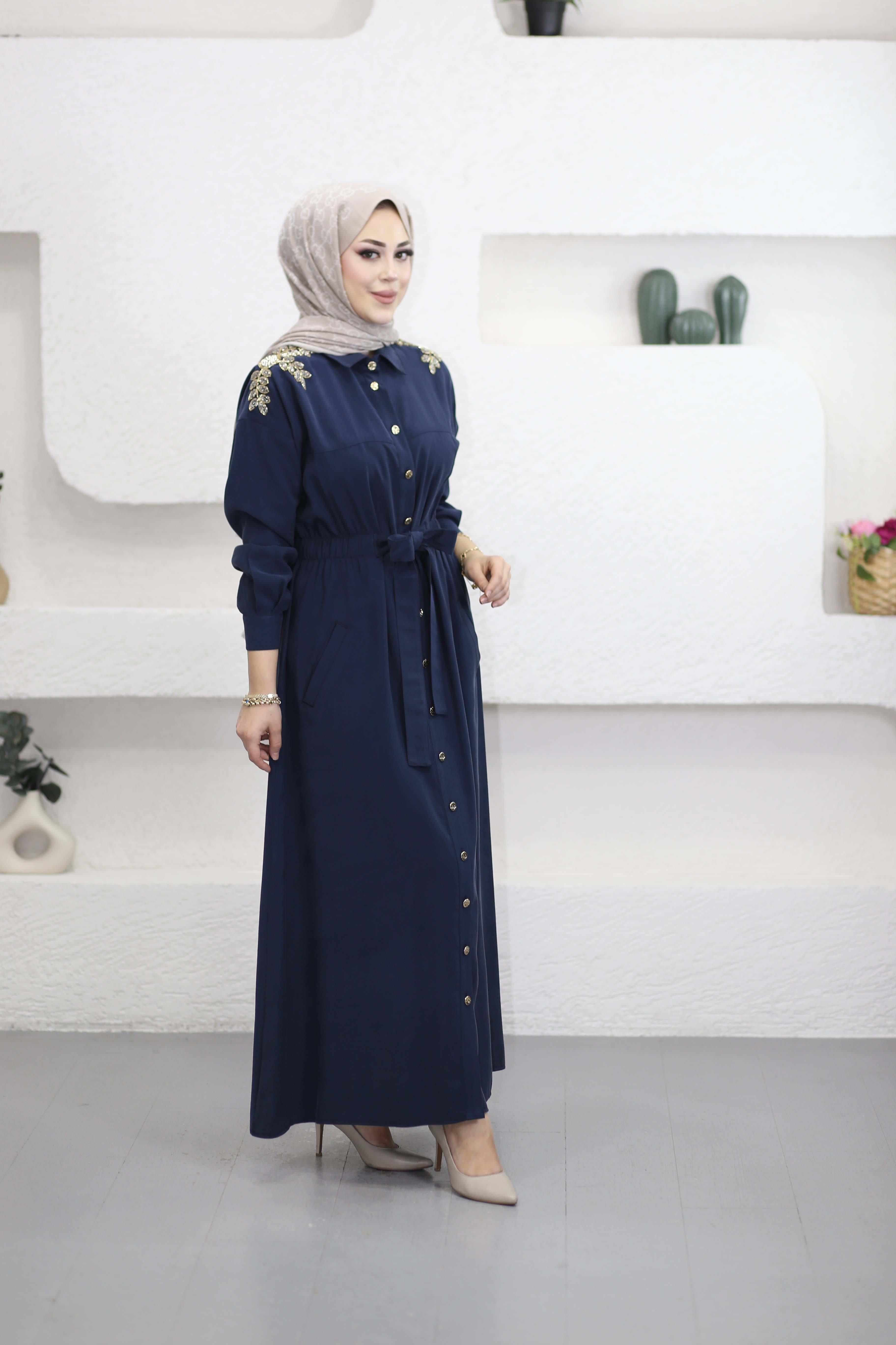 Omuz Nakışlı Elbise Lacivert 1471