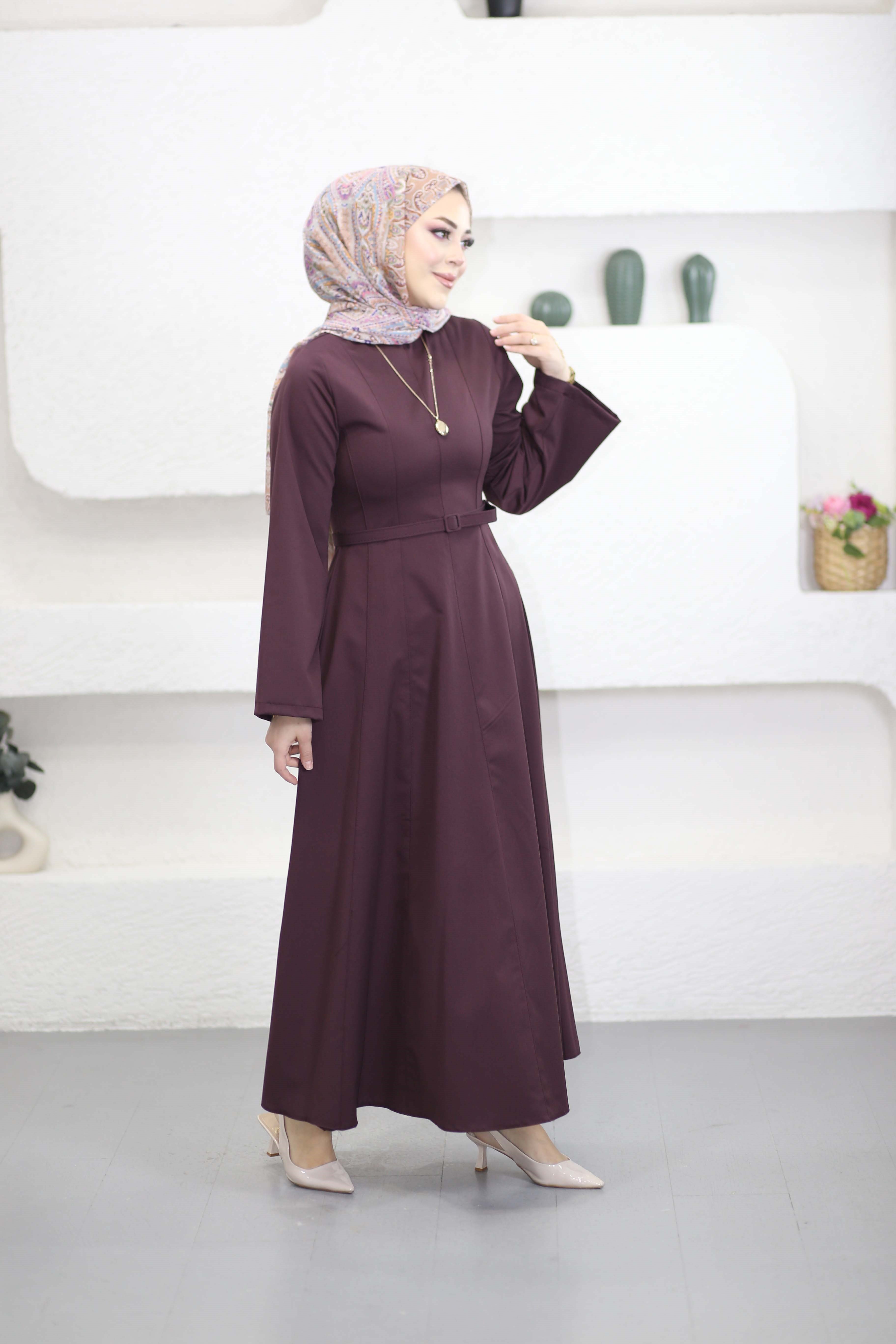 Belden Oturtmalı Kemerli Elbise Bordo 8359