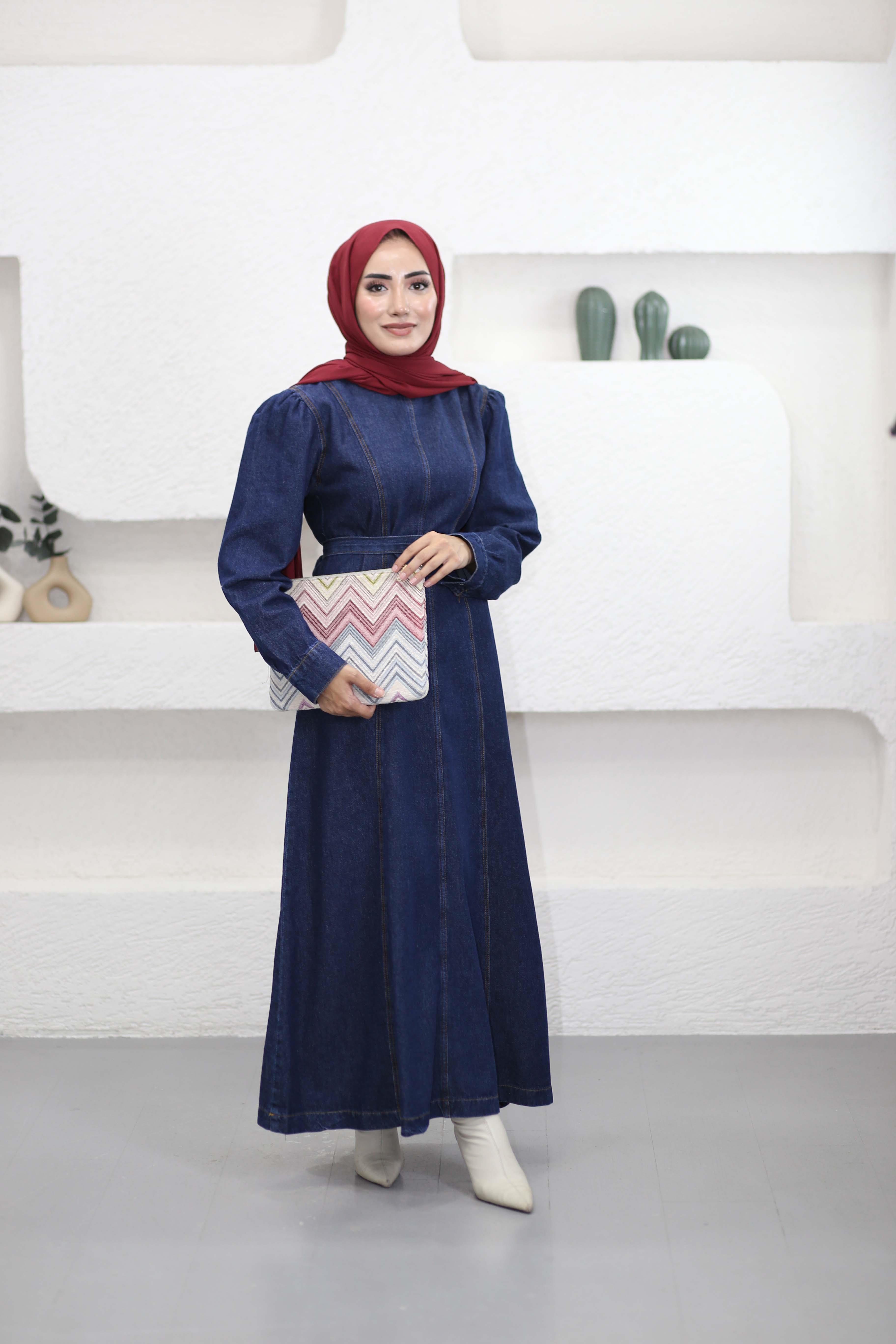 Dikiş Detaylı Denim Elbise Koyu Mavi 91010