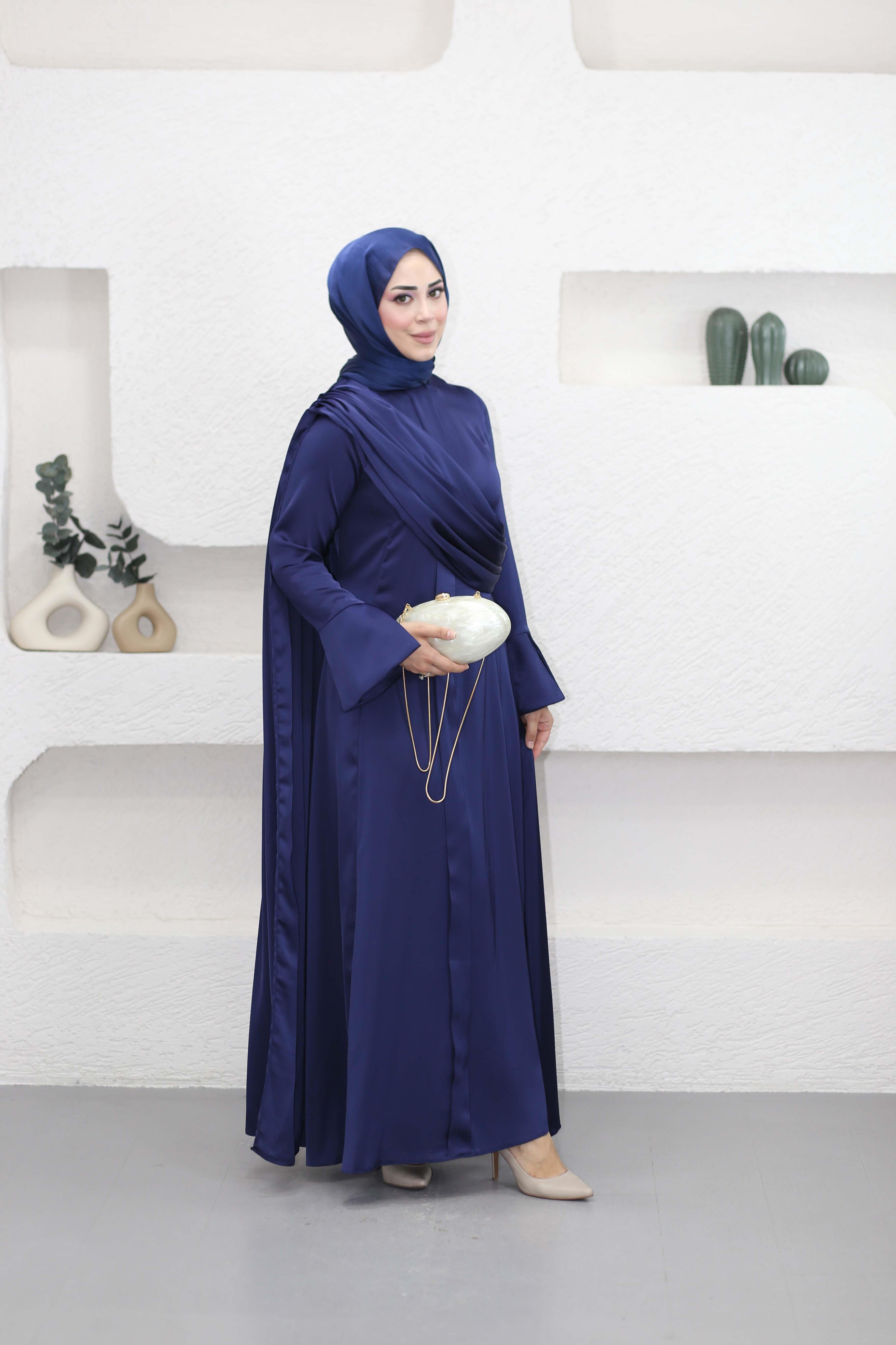 Saten Drape Elbise Lacivert 9965