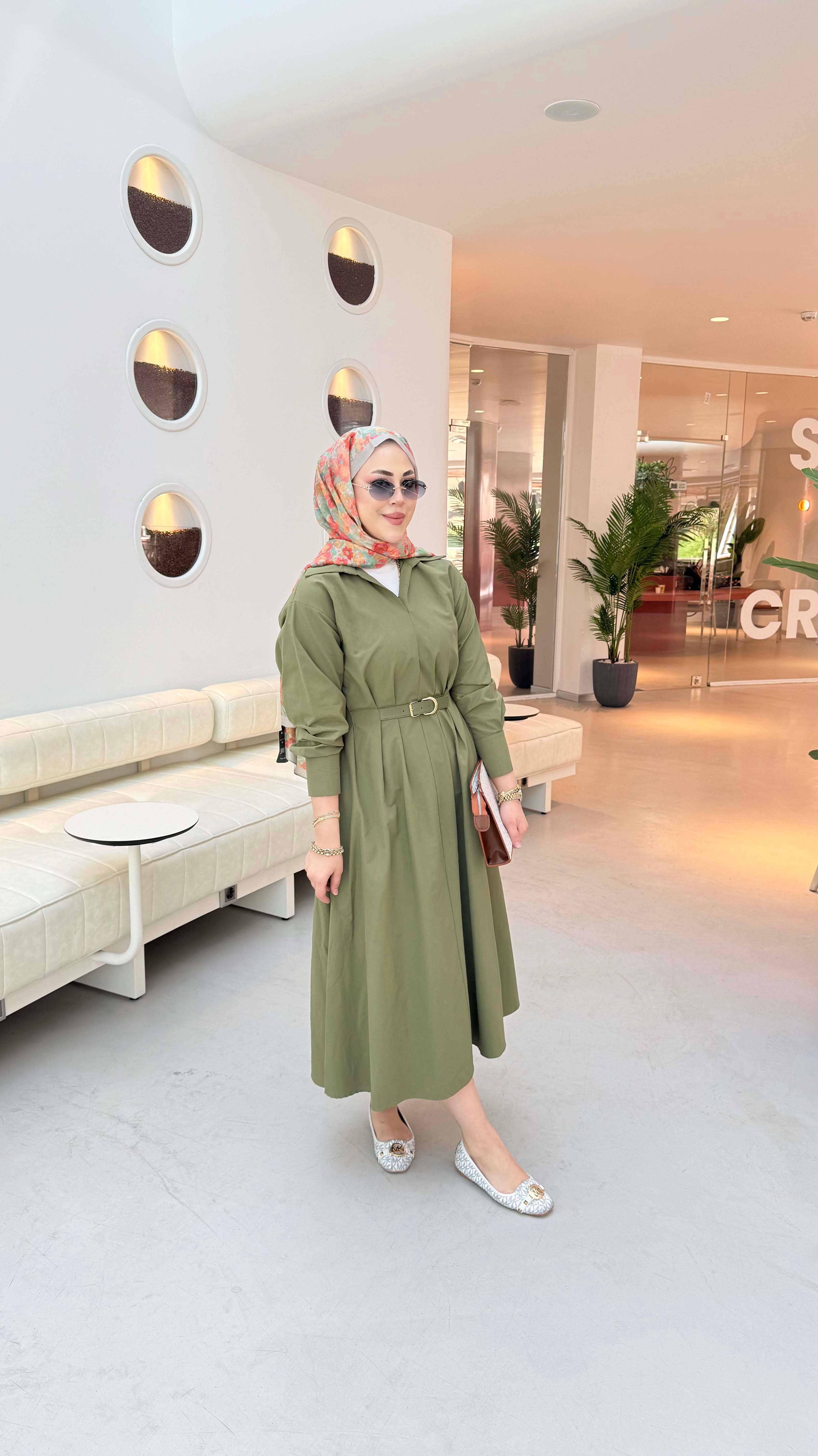 Beli Lastikli Kemer Detaylı Gömlek Elbise Yeşil 5518