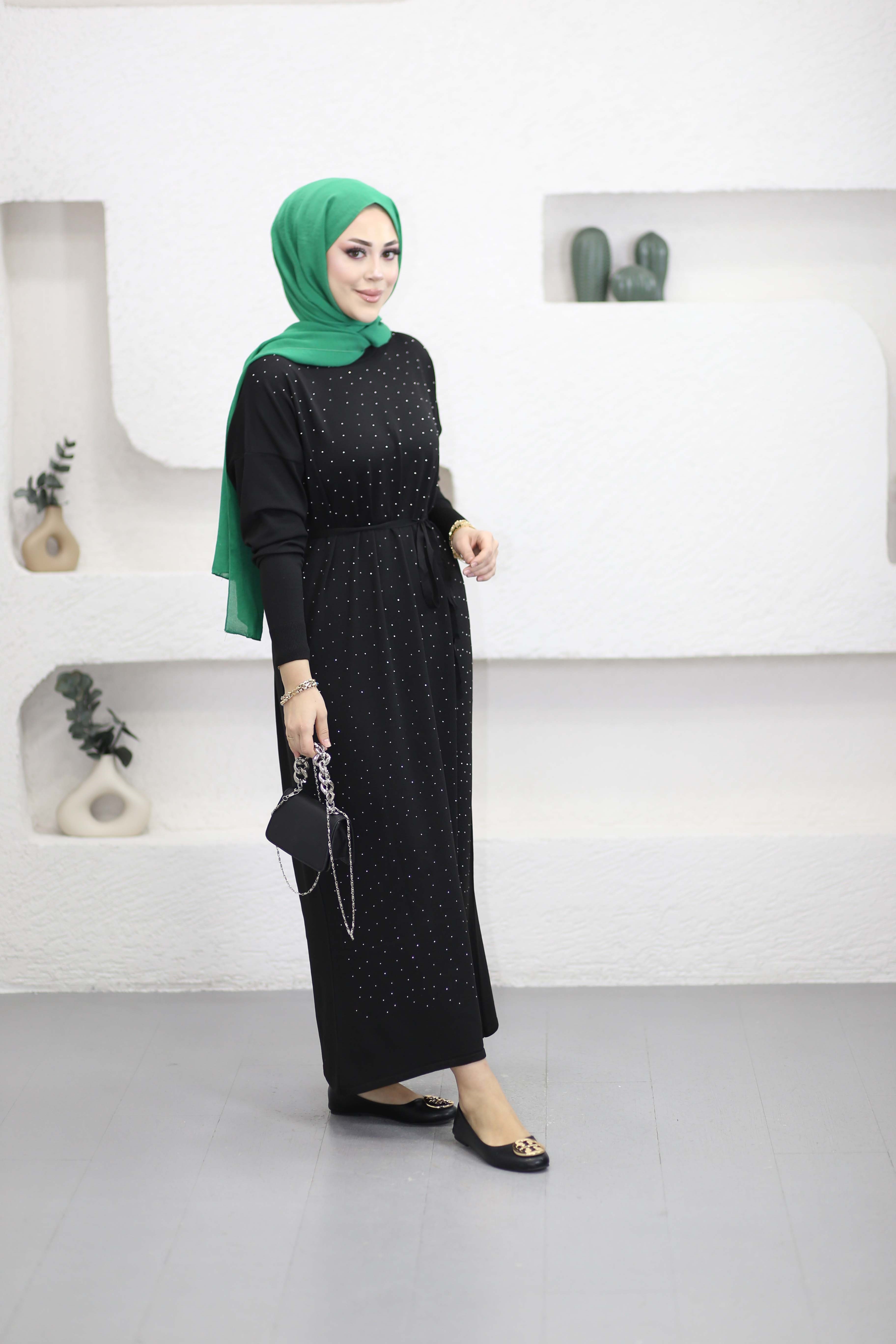 Taşlı Merserize Elbise Siyah 25270