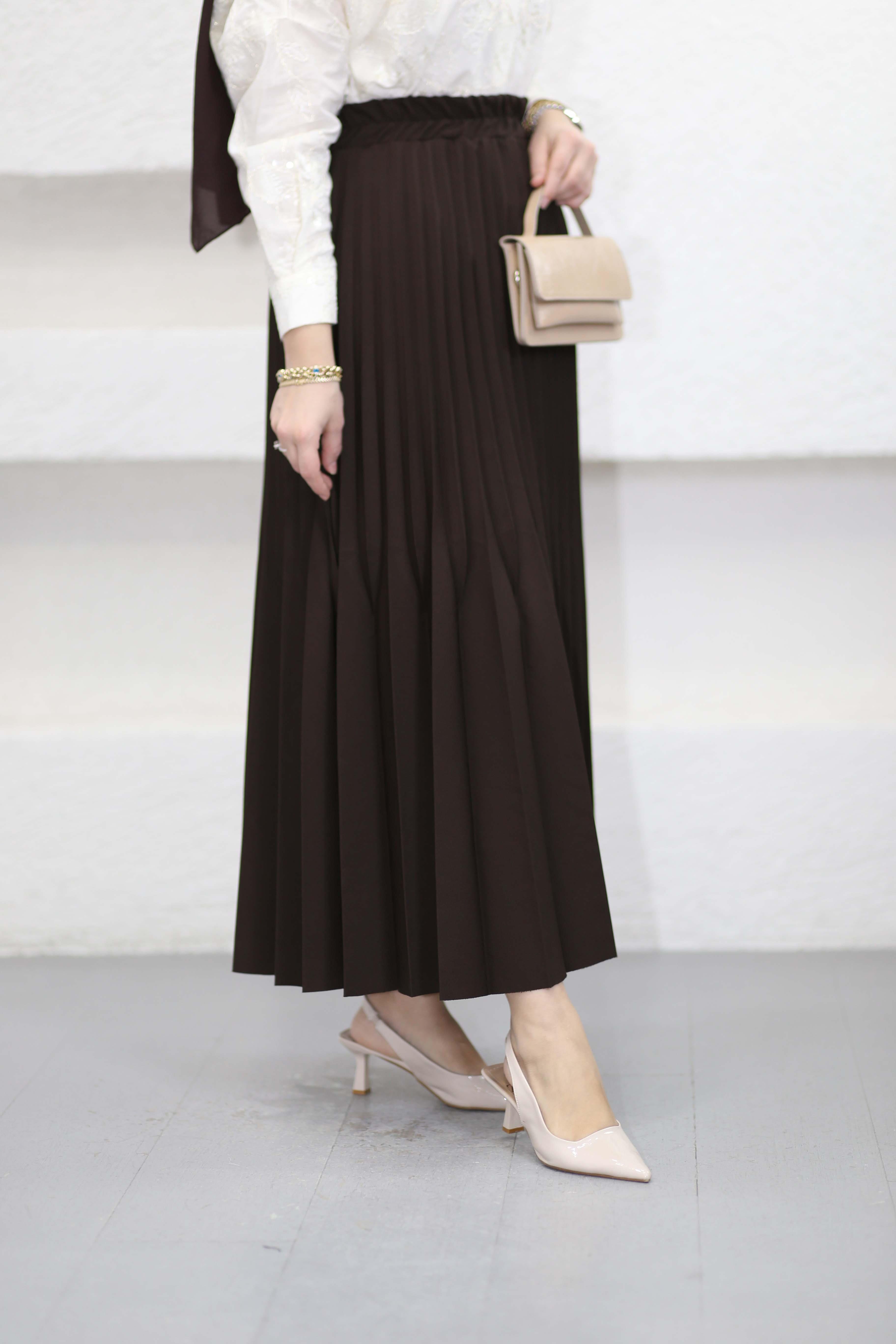 Çift Pilise Detaylı Etek Kahverengi 9499