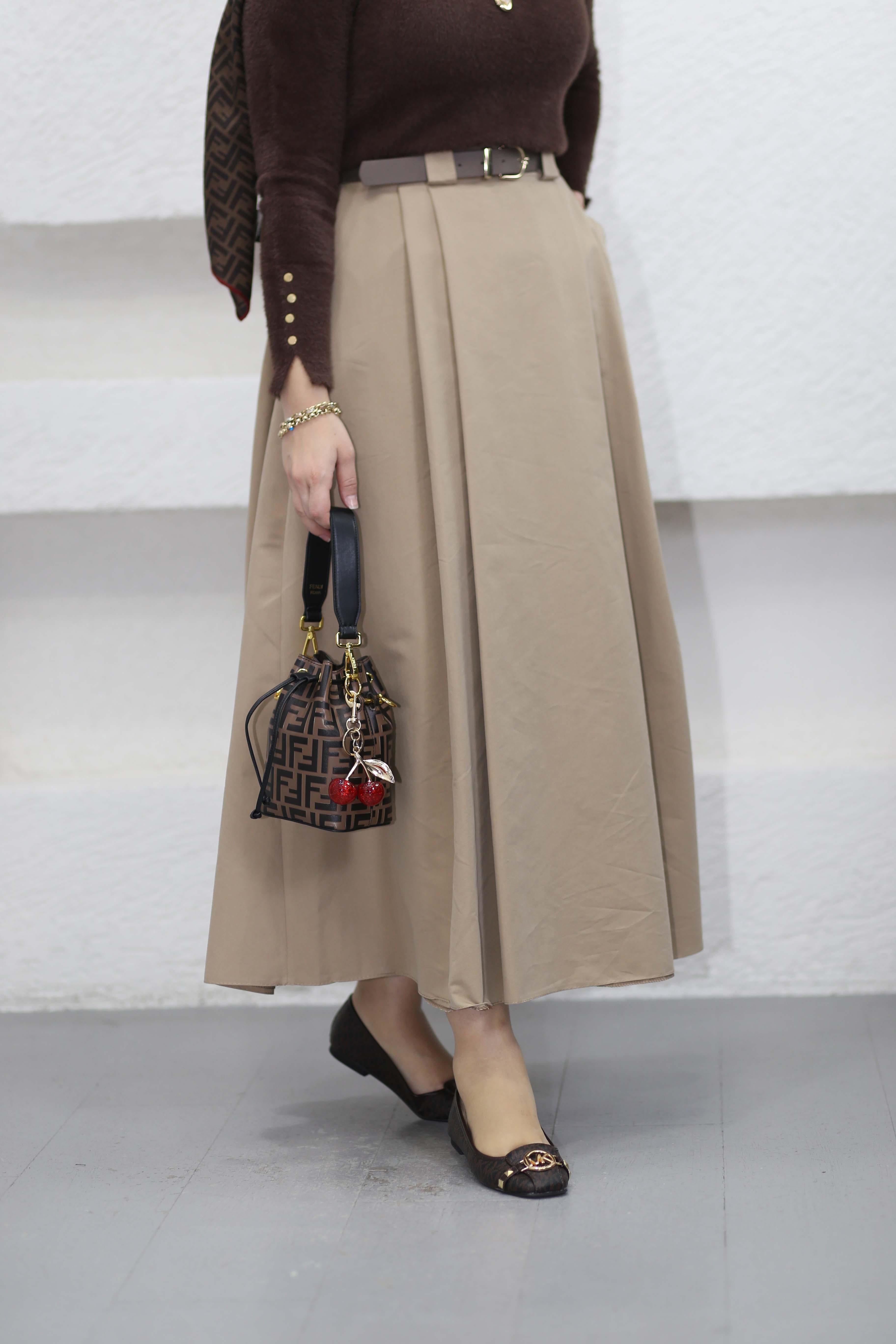 Kemerli Kanvaz Etek Camel 1034