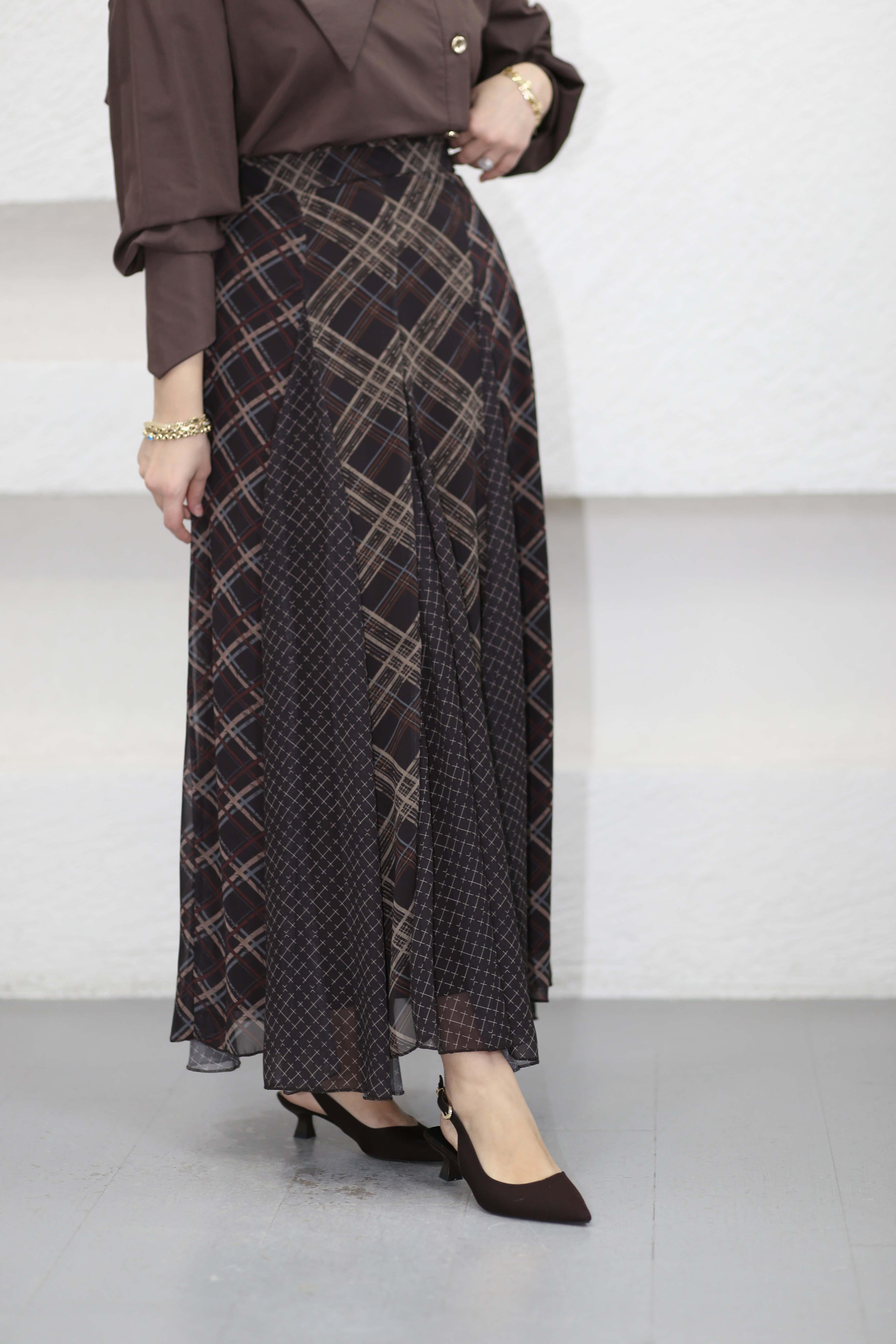 Baskılı Şifon Etek Kahverengi 8258