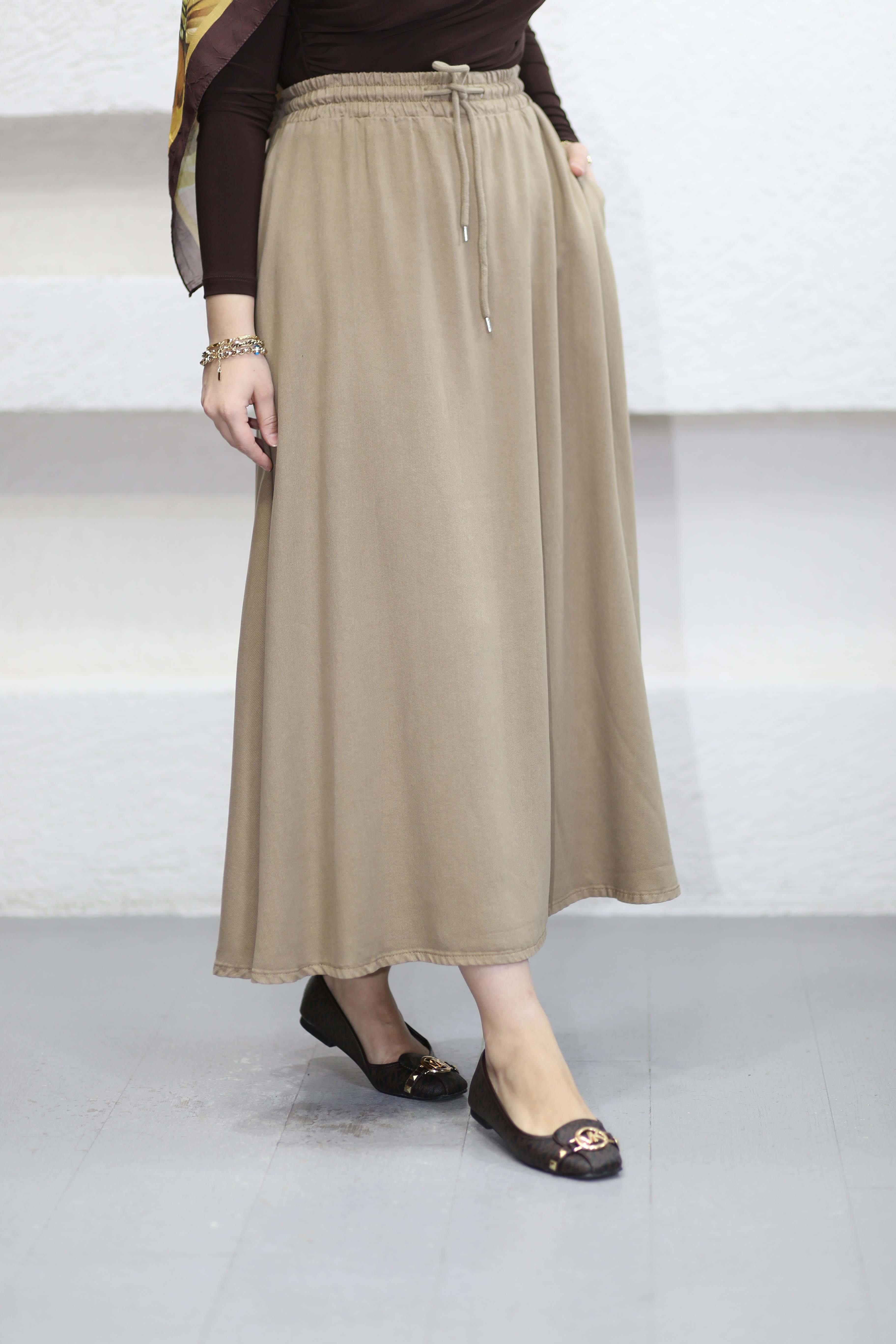 Beli Lastikli Tencel Etek Camel 3322