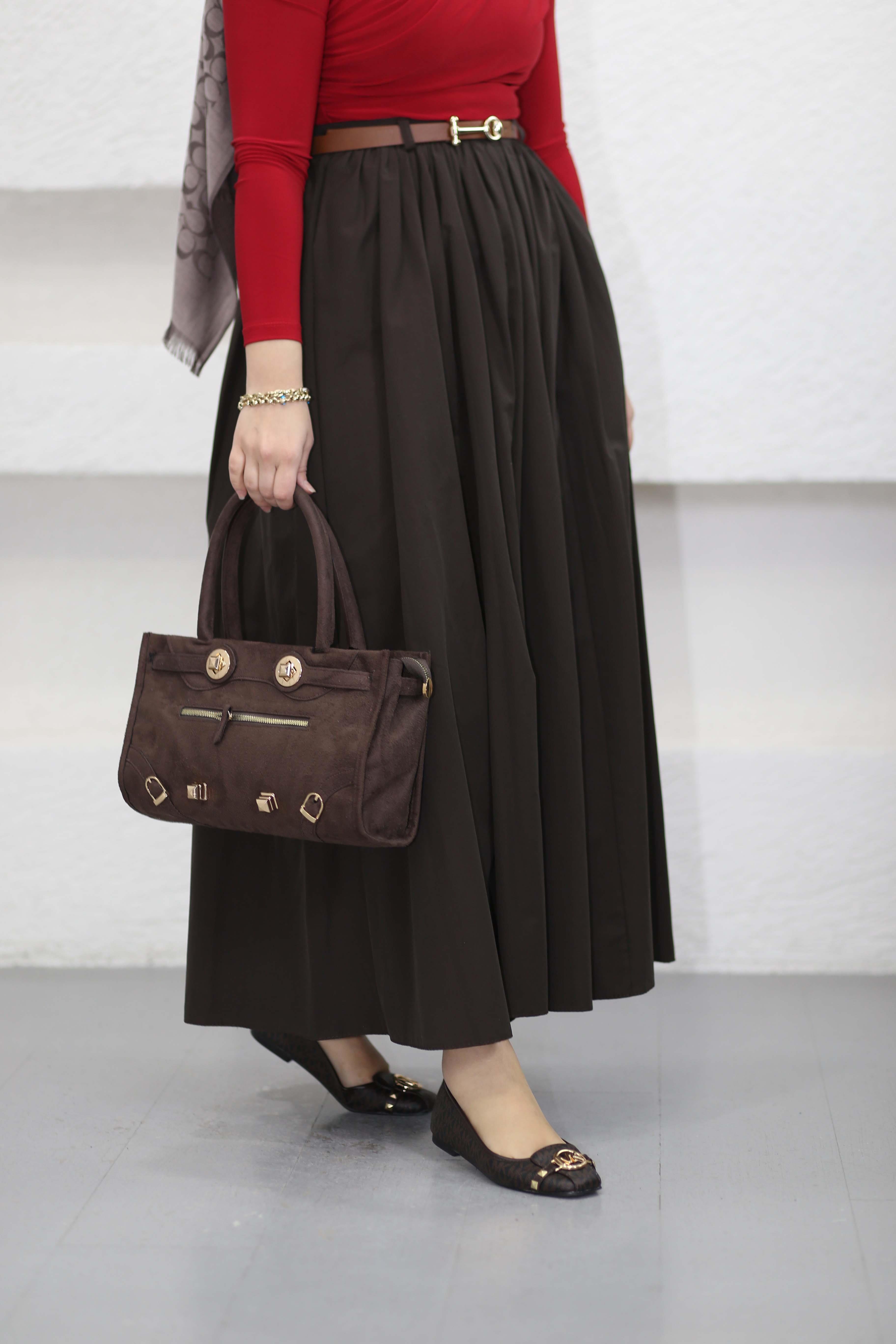 Kemerli Poplin Etek Kahverengi 546