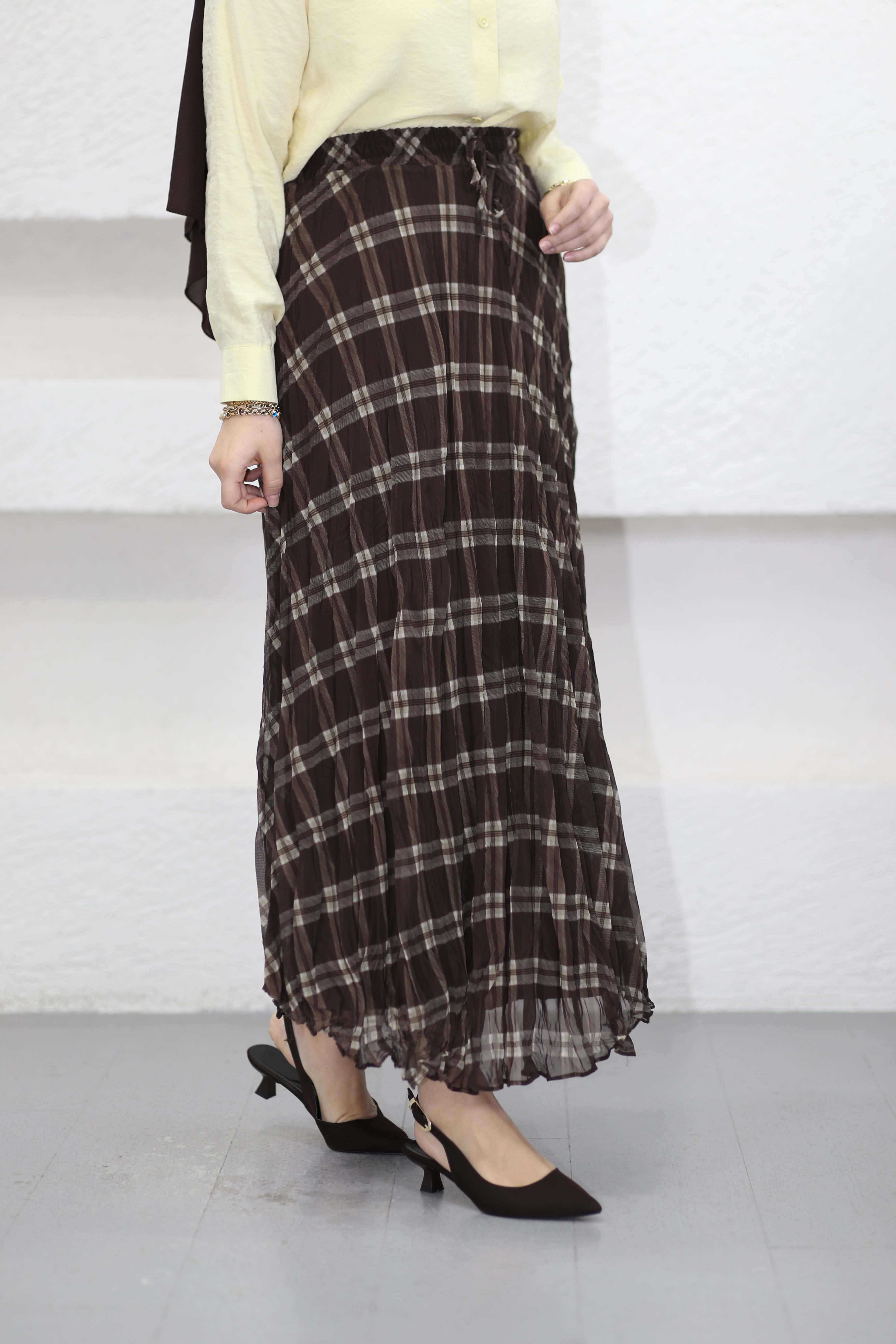 Kraş Desenli Pilise Etek Kahverengi 27027