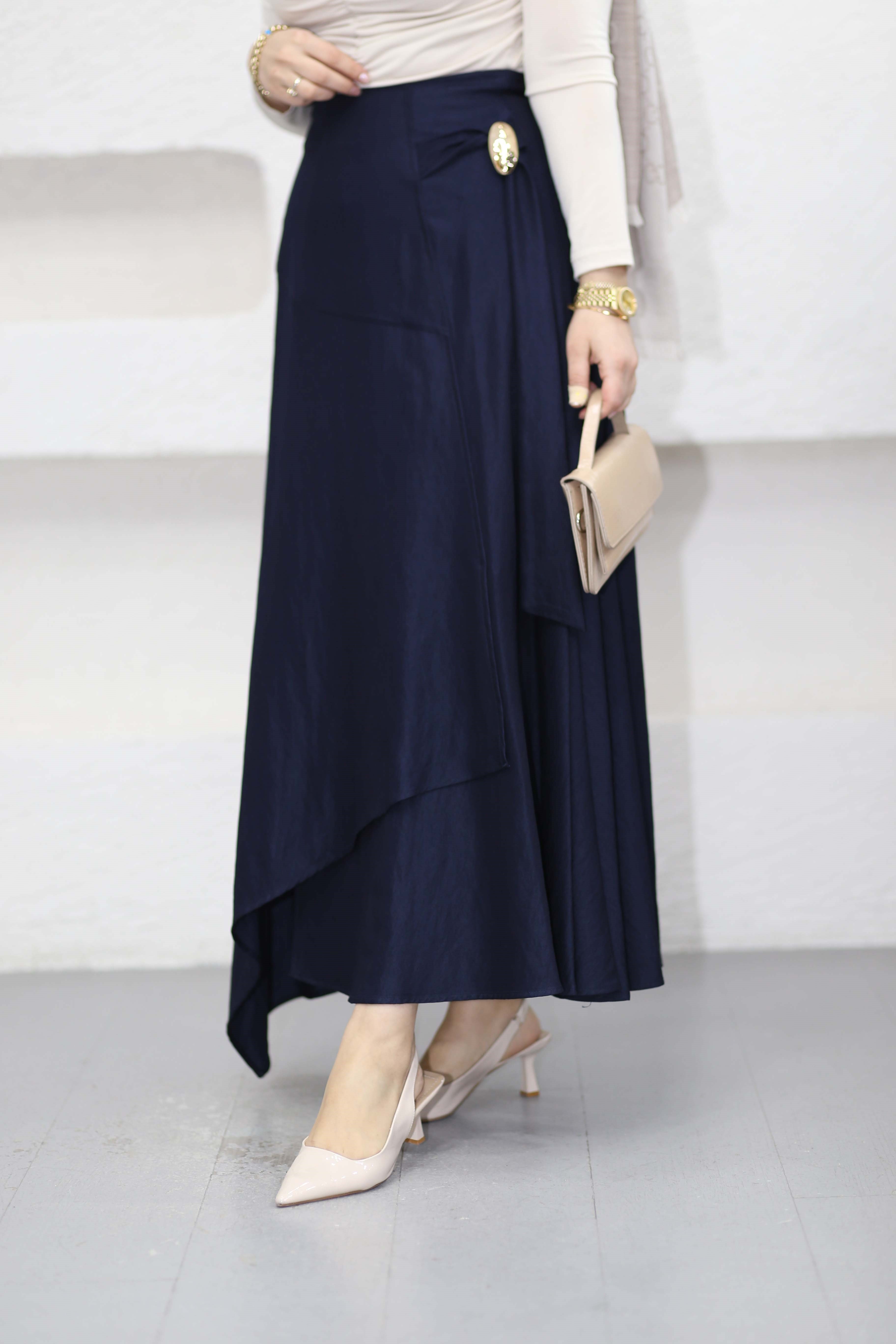 Korsajlı Asimetrik Etek Lacivert 36917