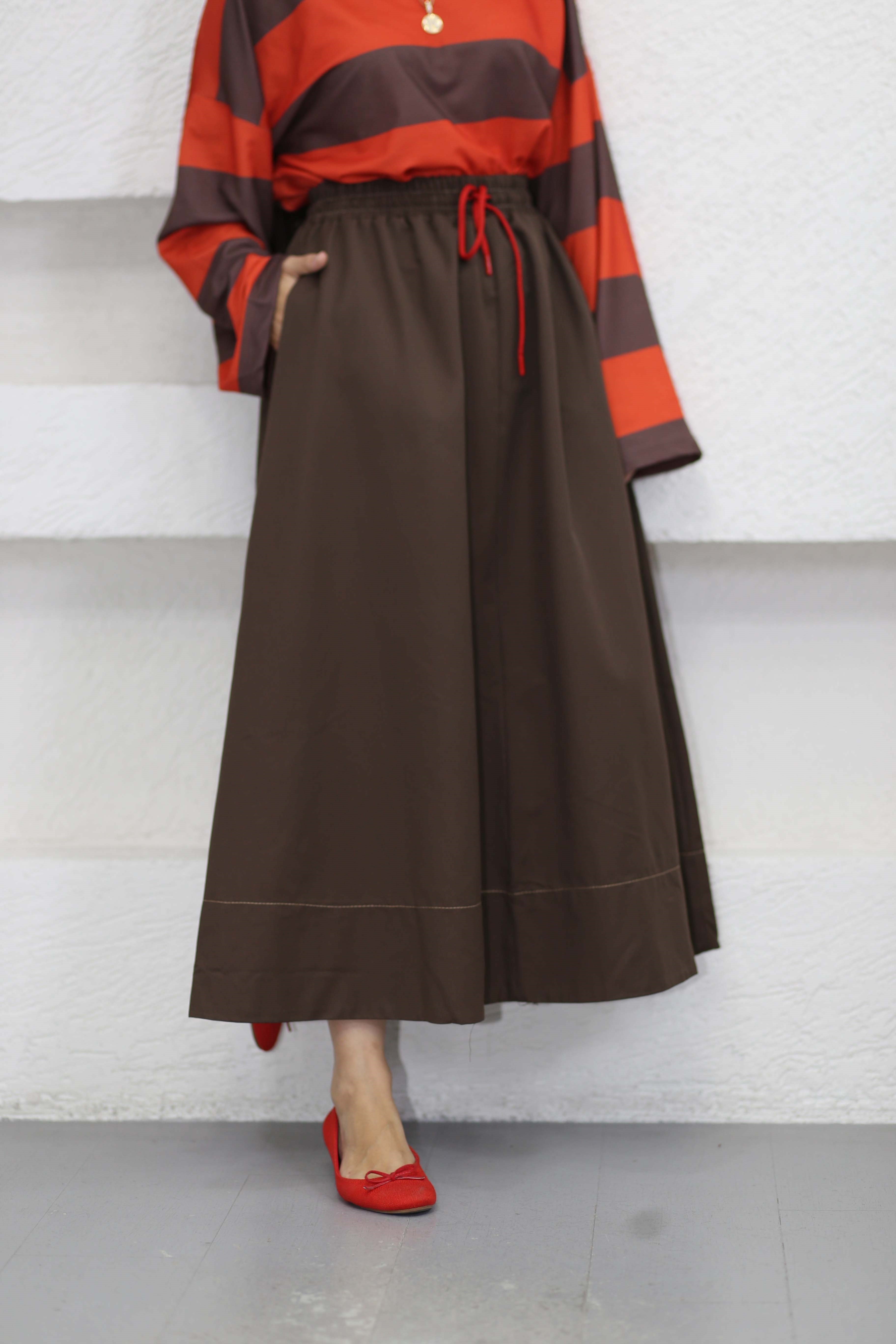 Beli Lastikli Gabardin Etek Kahverengi 7014