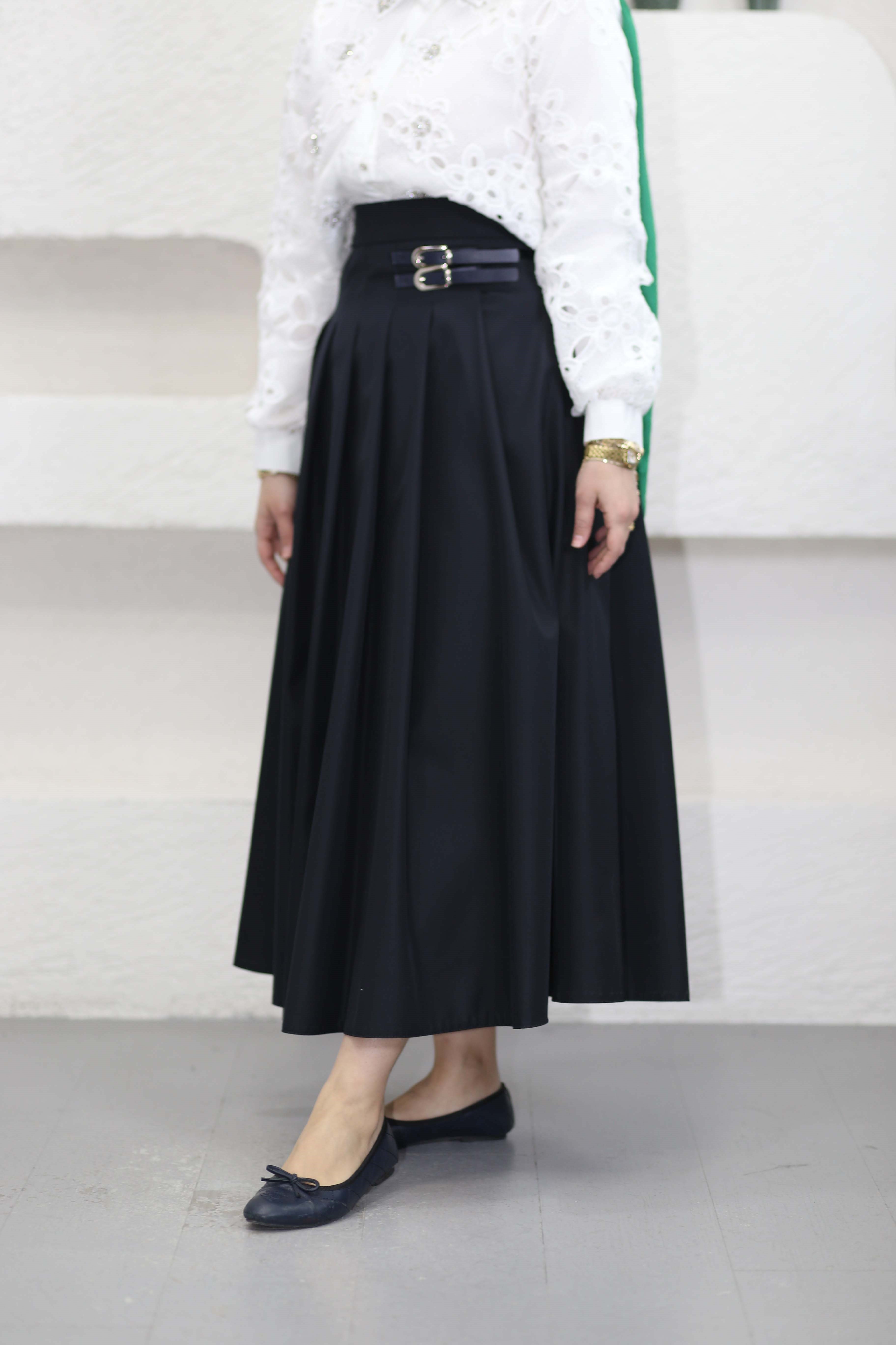 Yan Kemer Detaylı Pile Etek Lacivert 1084