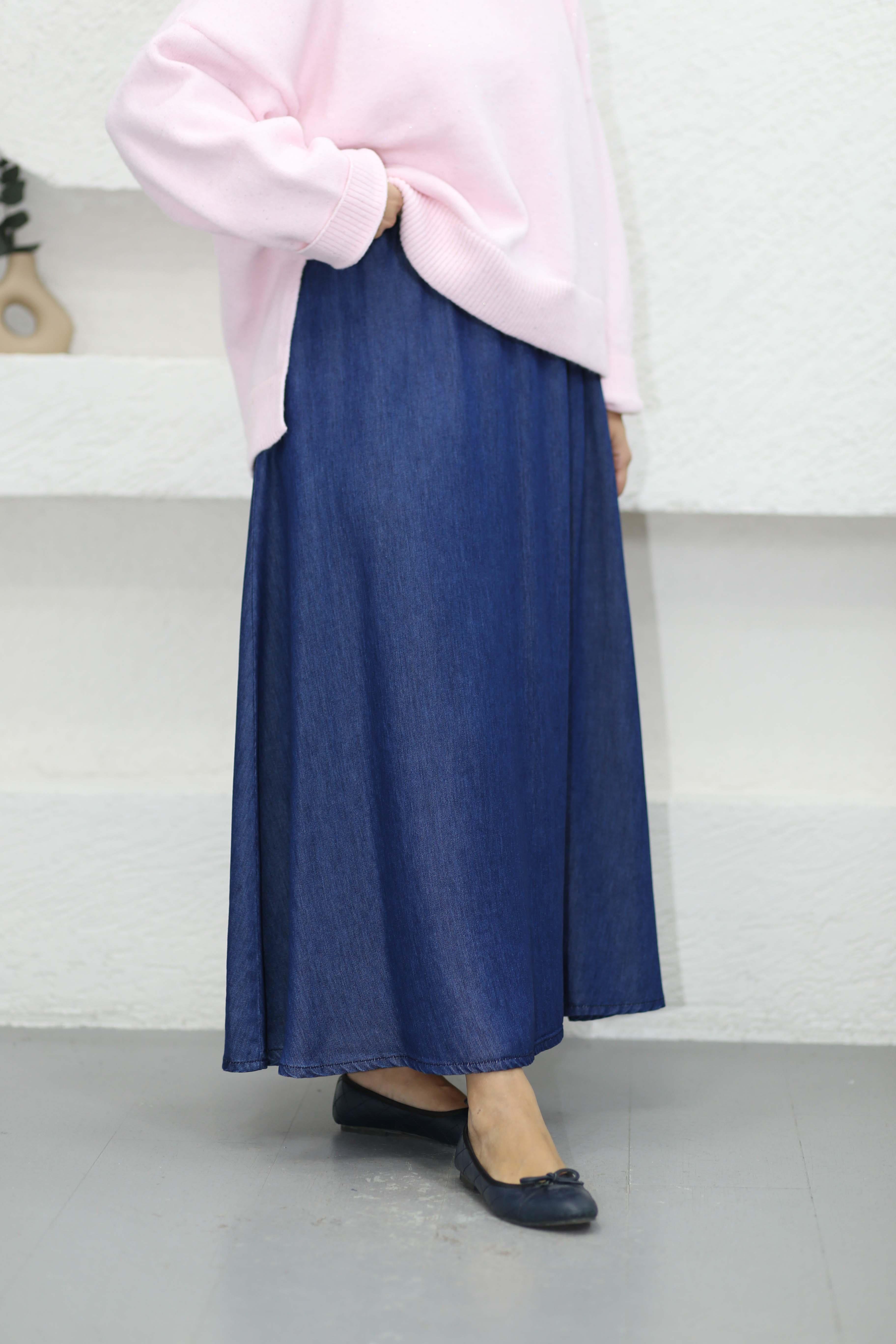 Beli Lastikli Tencel Etek Koyu Mavi 3322