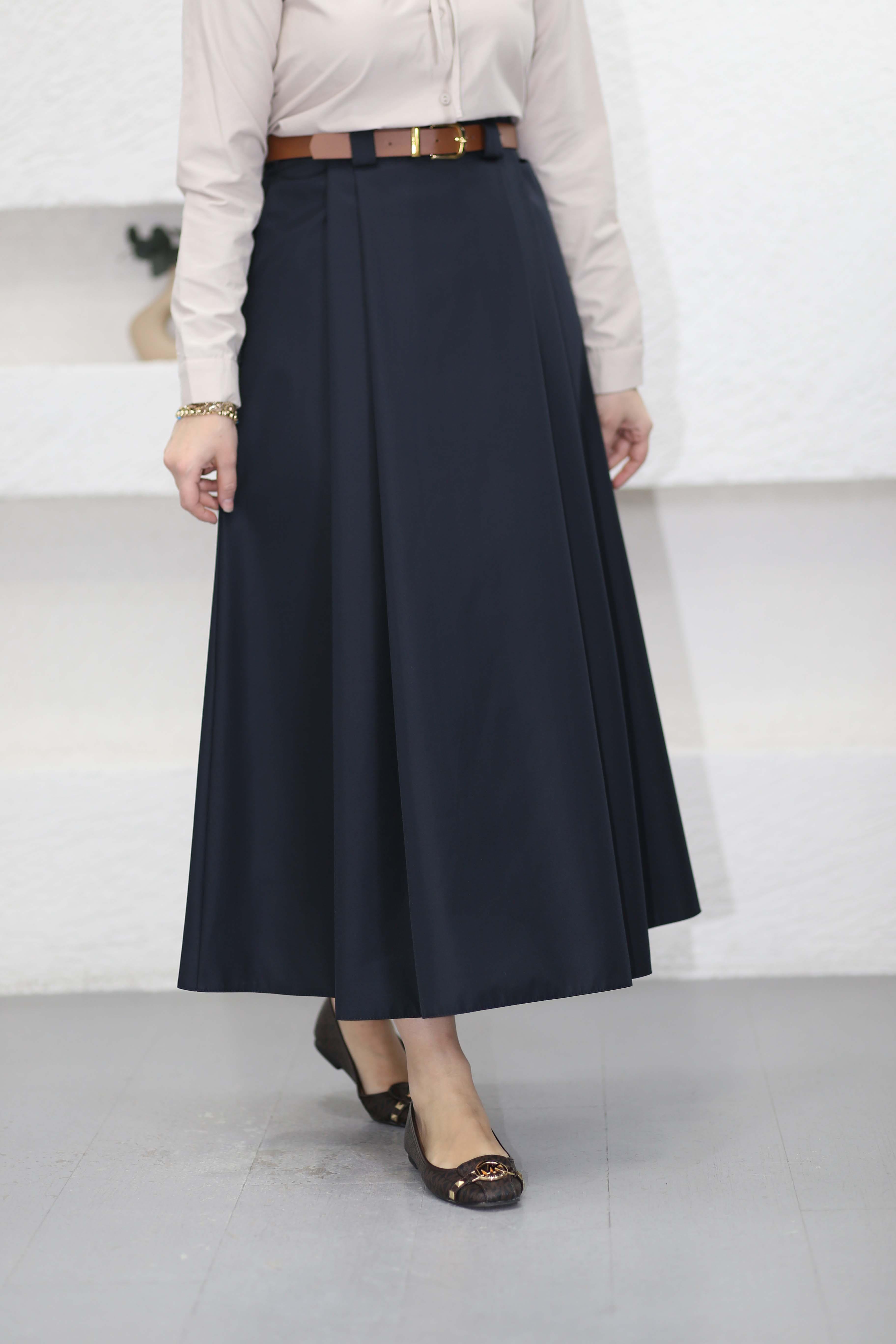 Kemerli Kanvaz Etek Lacivert 1060