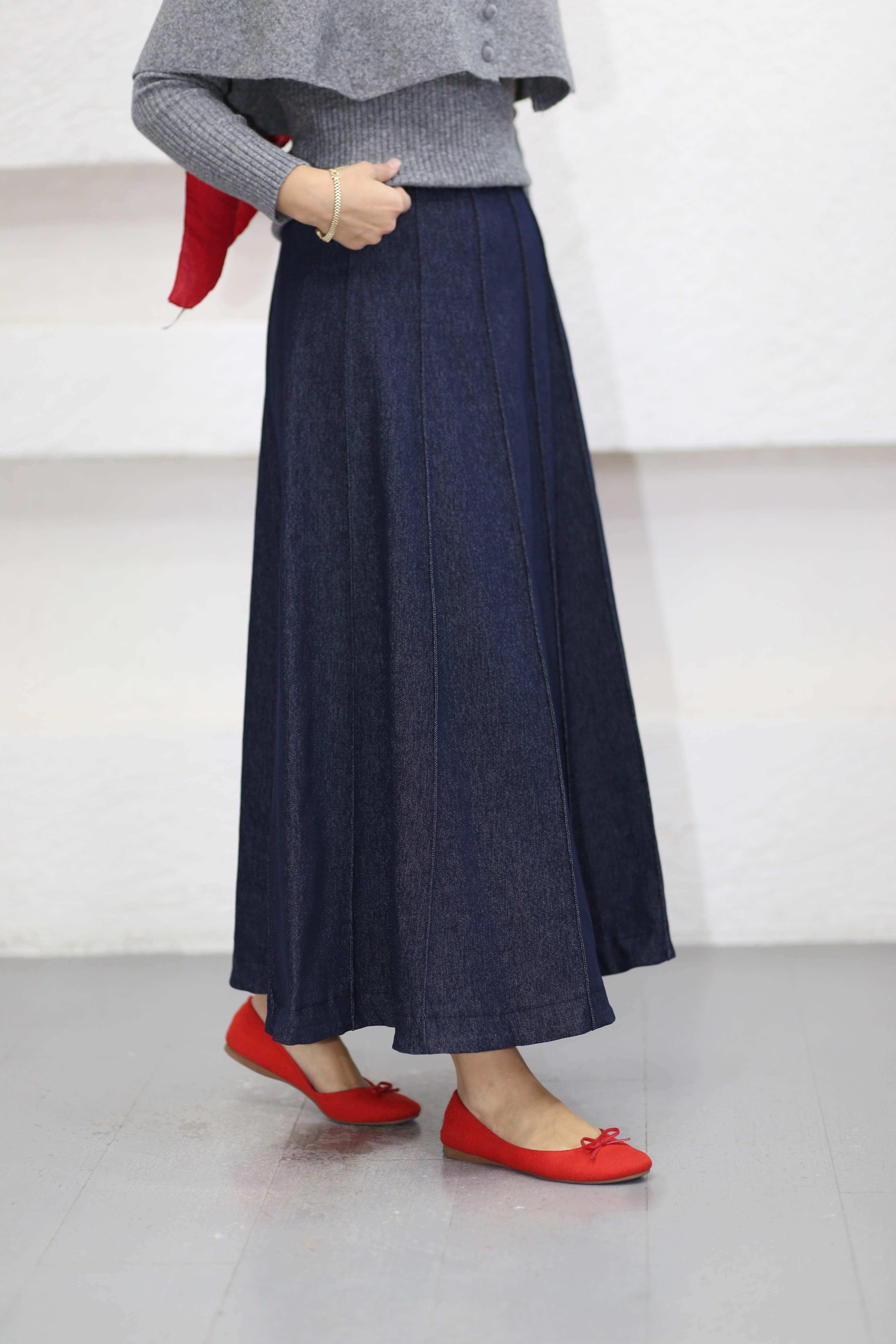 Dikişli Denim Etek Koyu Mavi 1173