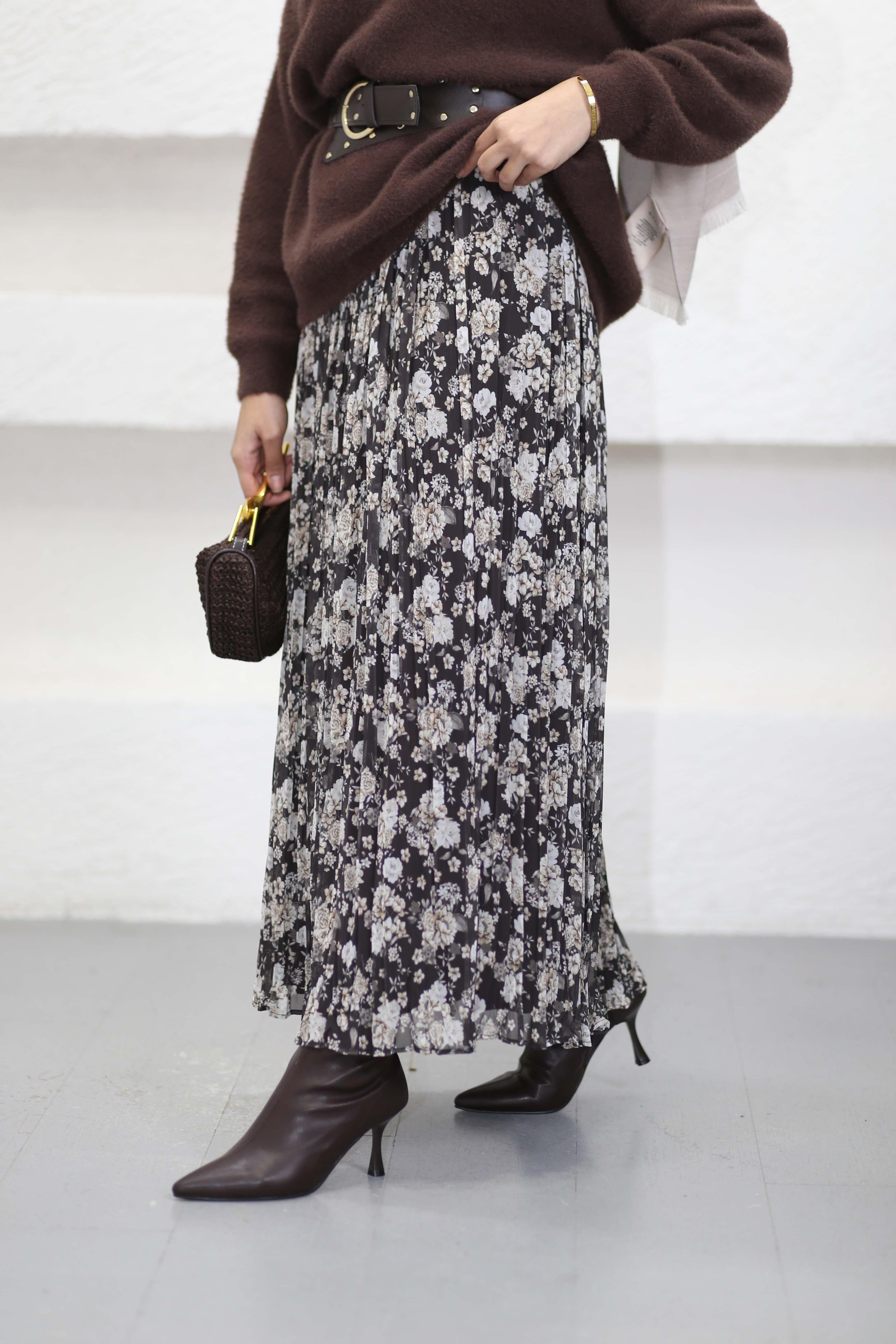 Çiçek Desenli Pilise Etek Kahverengi 4408