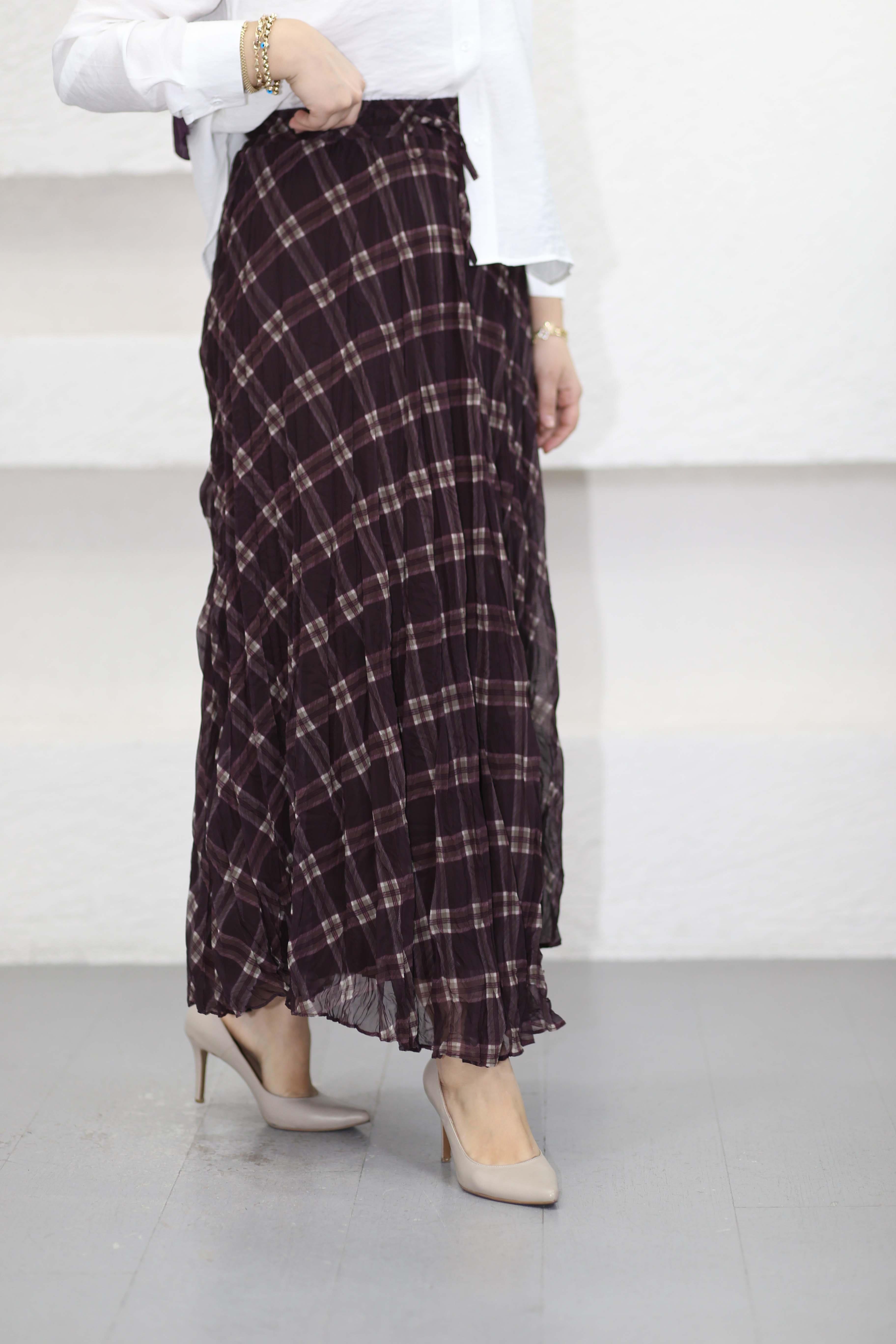 Kraş Desenli Pilise Etek Mürdüm 27027