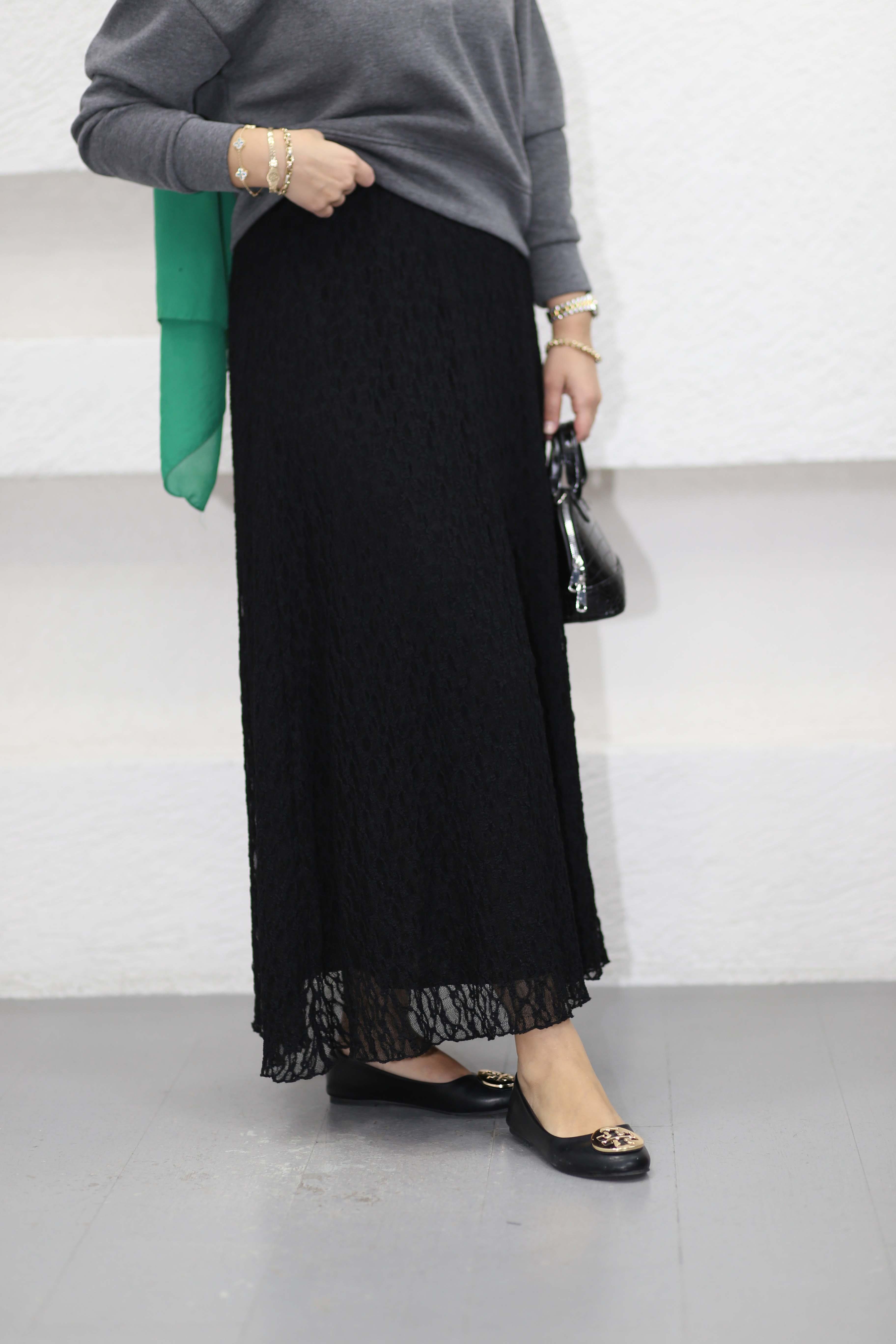 Likralı Dantelli Etek Siyah 51247