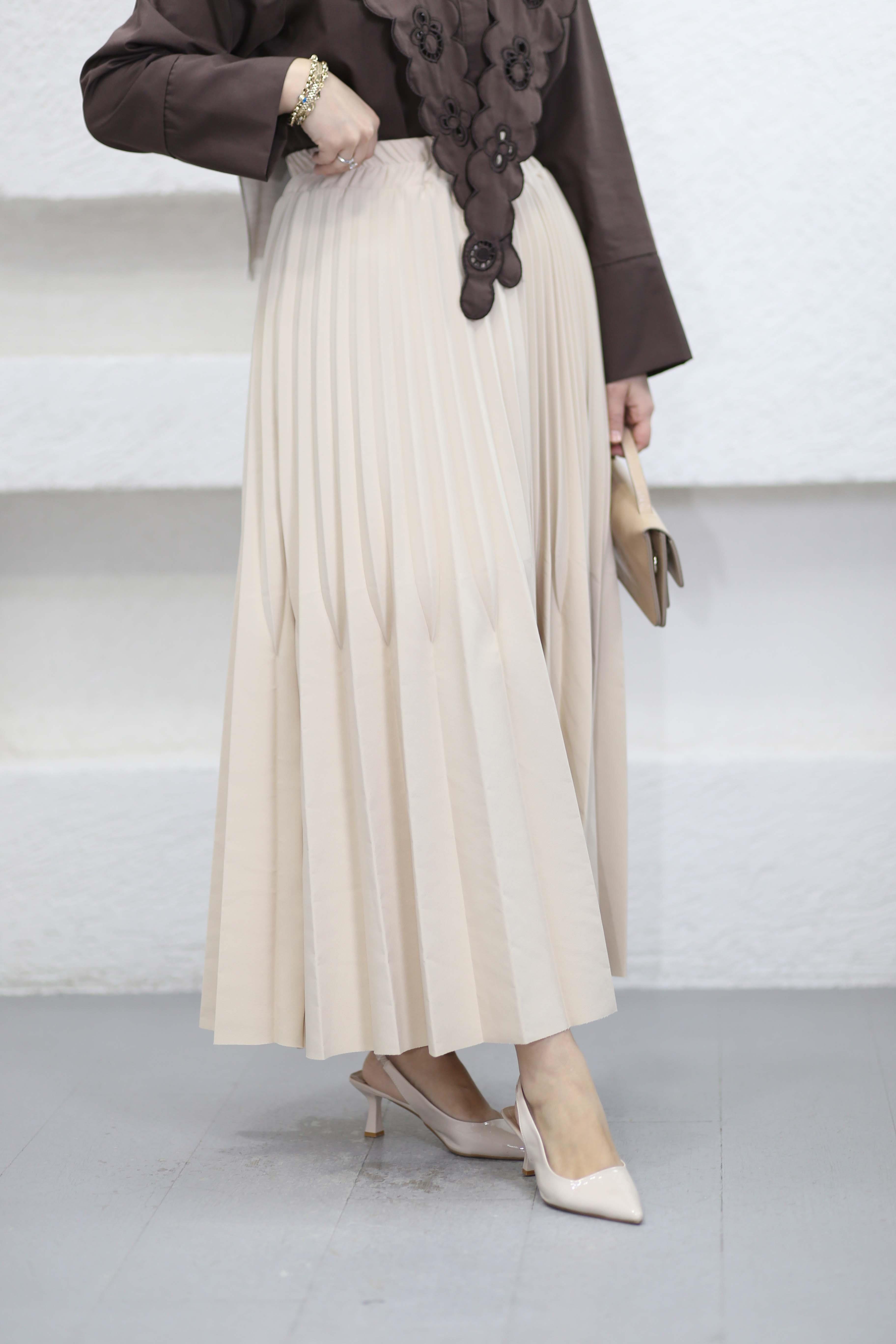 Çift Pilise Detaylı Etek Bej 9499