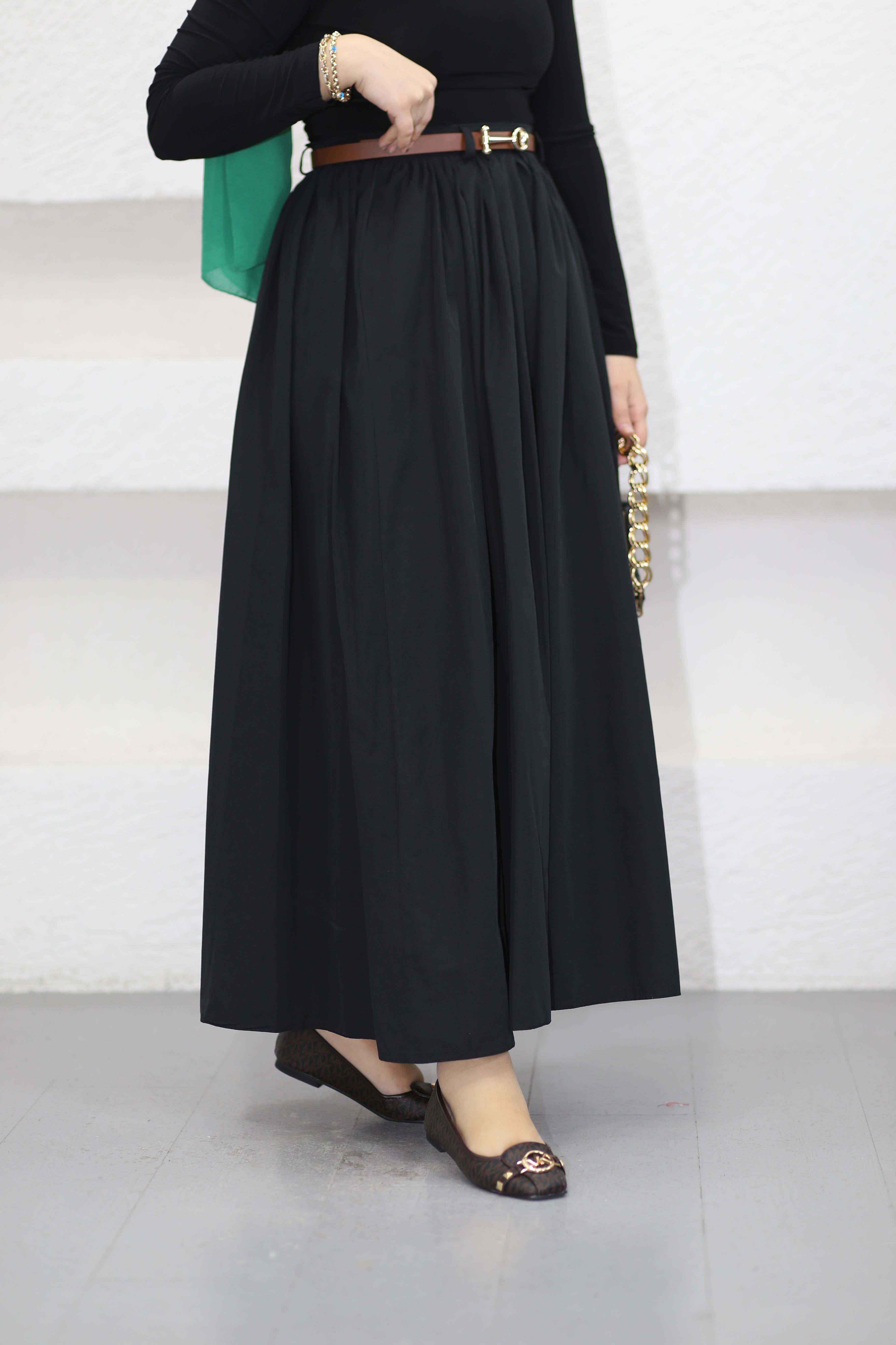 Kemerli Poplin Etek Siyah 546