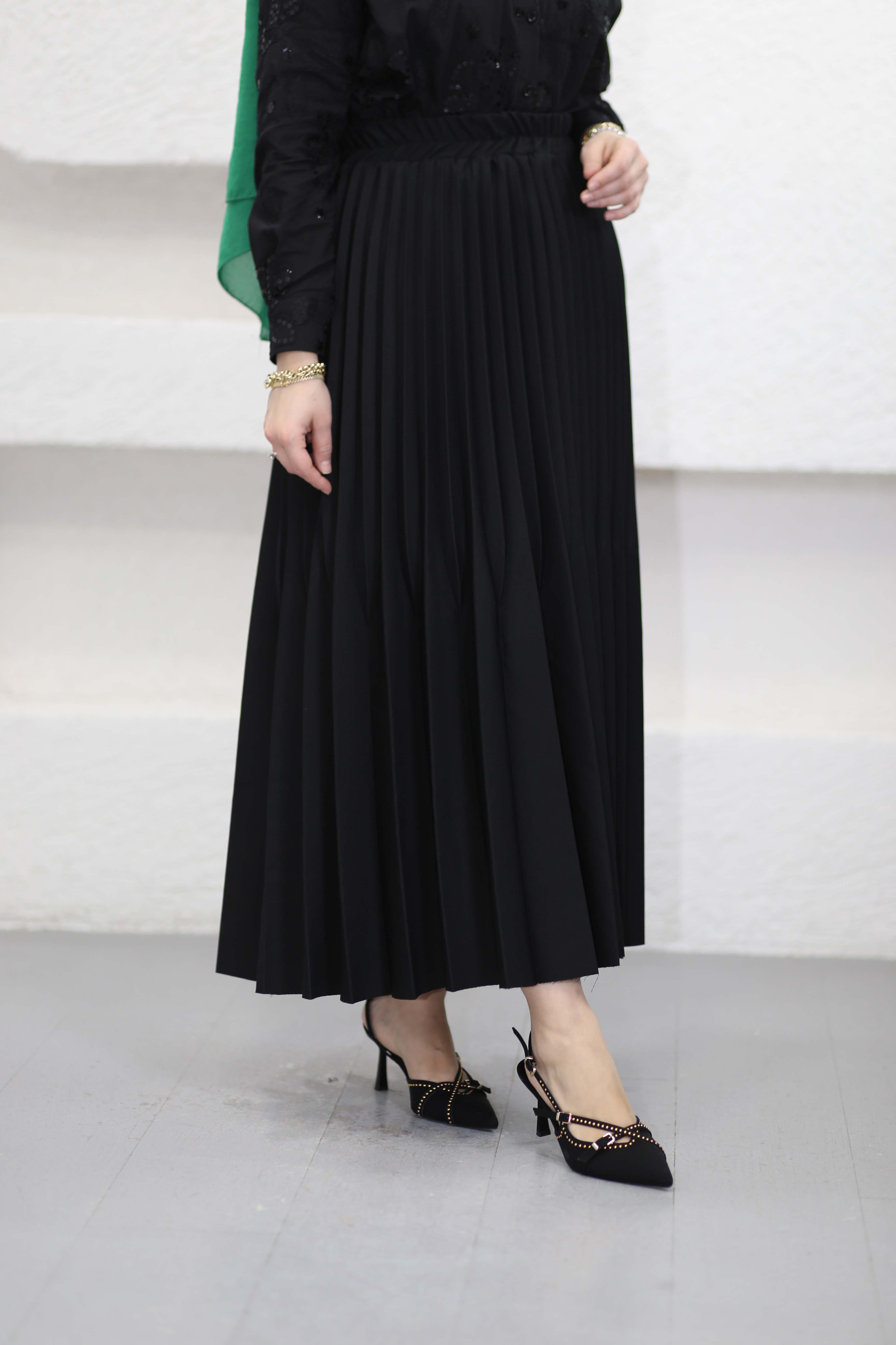 Çift Pilise Detaylı Etek Siyah 9499