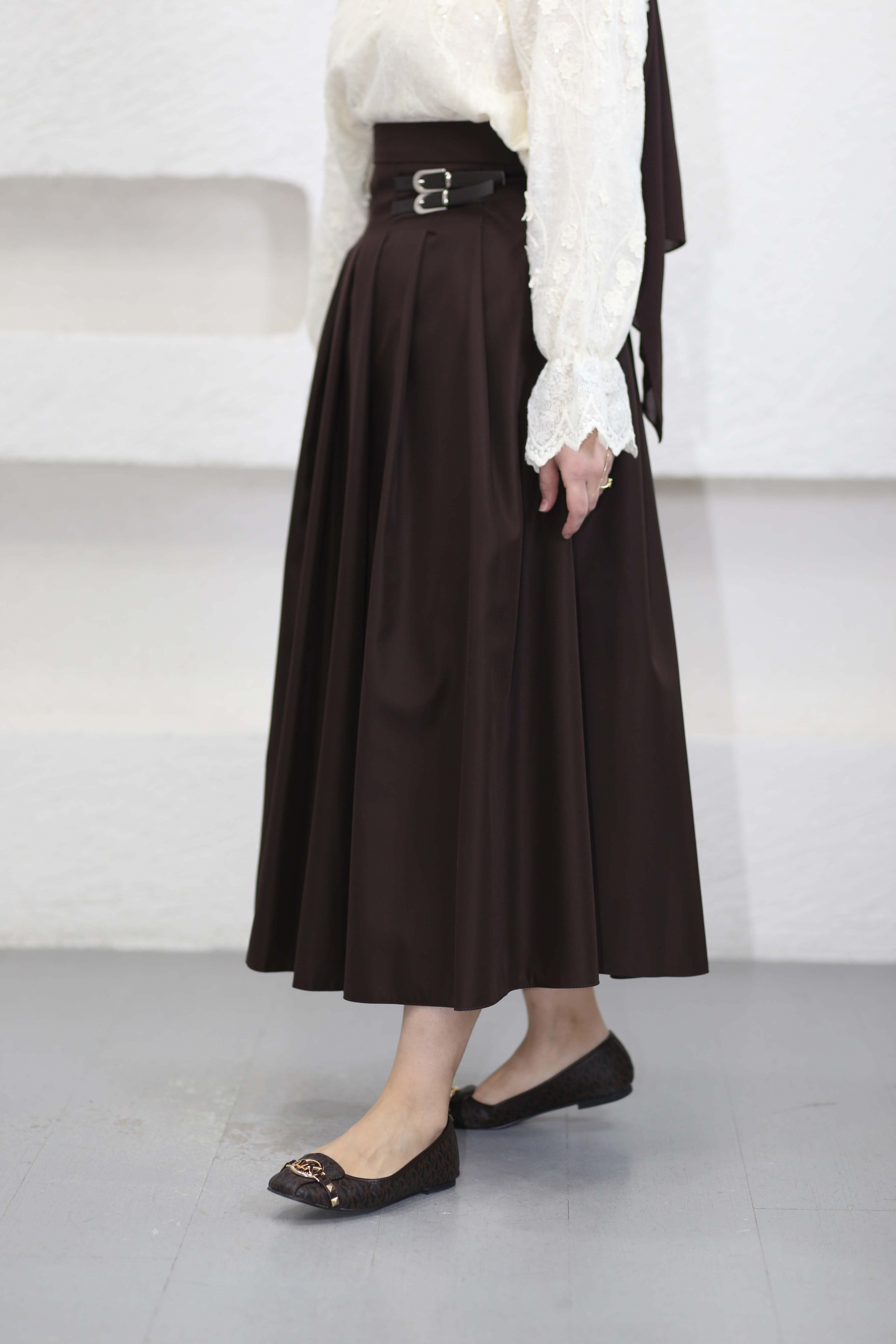 Yan Kemer Detaylı Pile Etek Kahverengi 1084