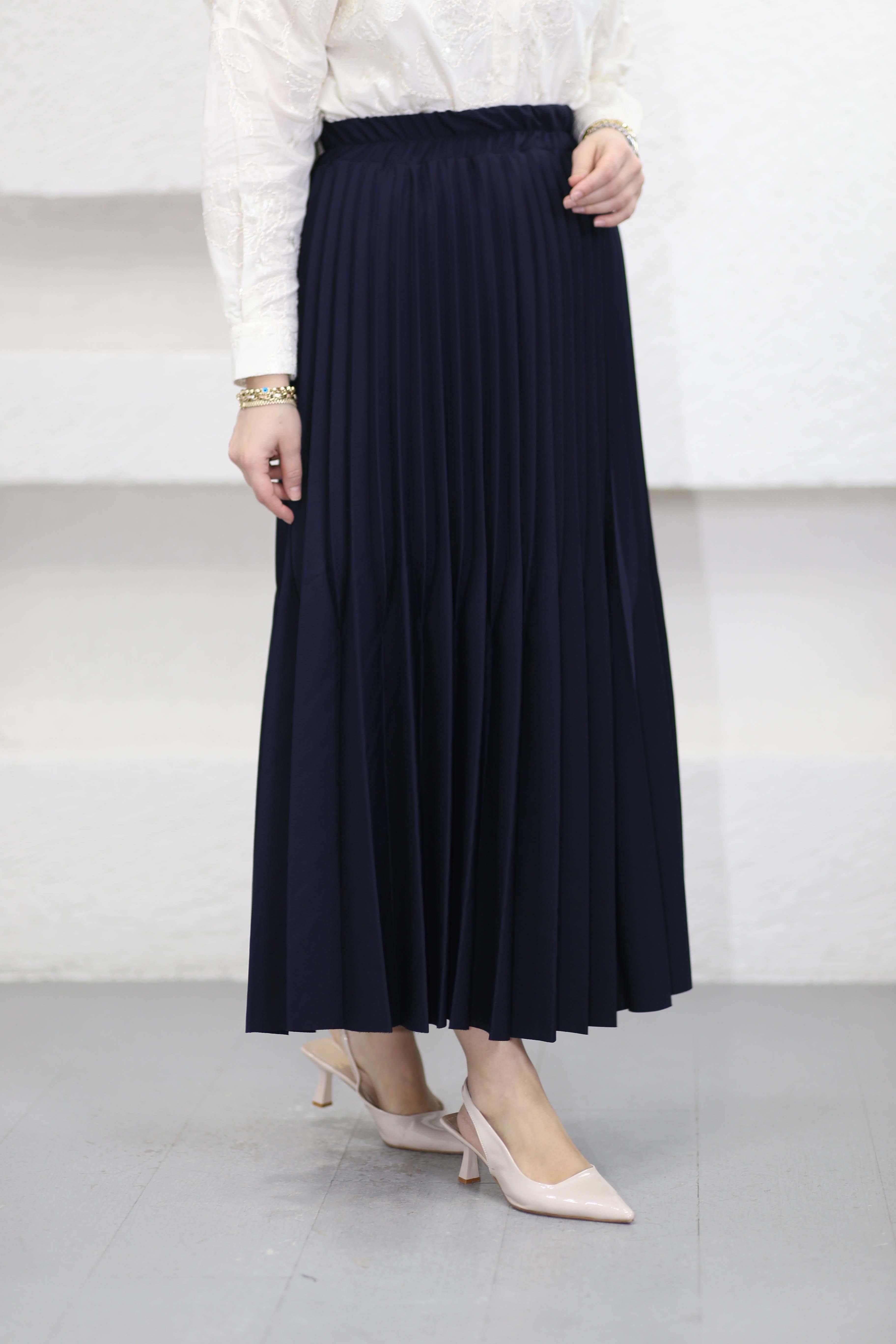 Çift Pilise Detaylı Etek Lacivert 9499