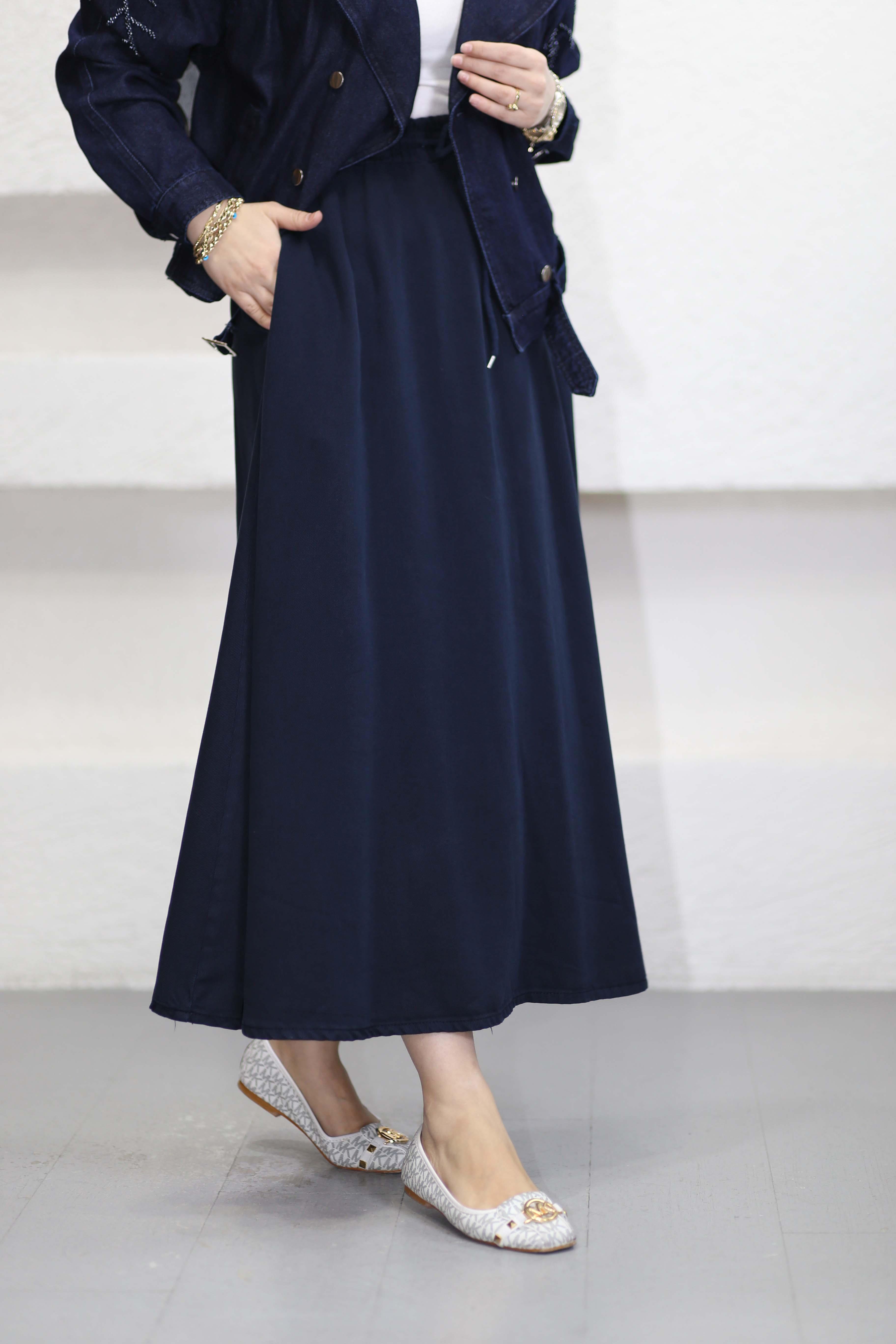 Beli Lastikli Tencel Etek Lacivert 3322