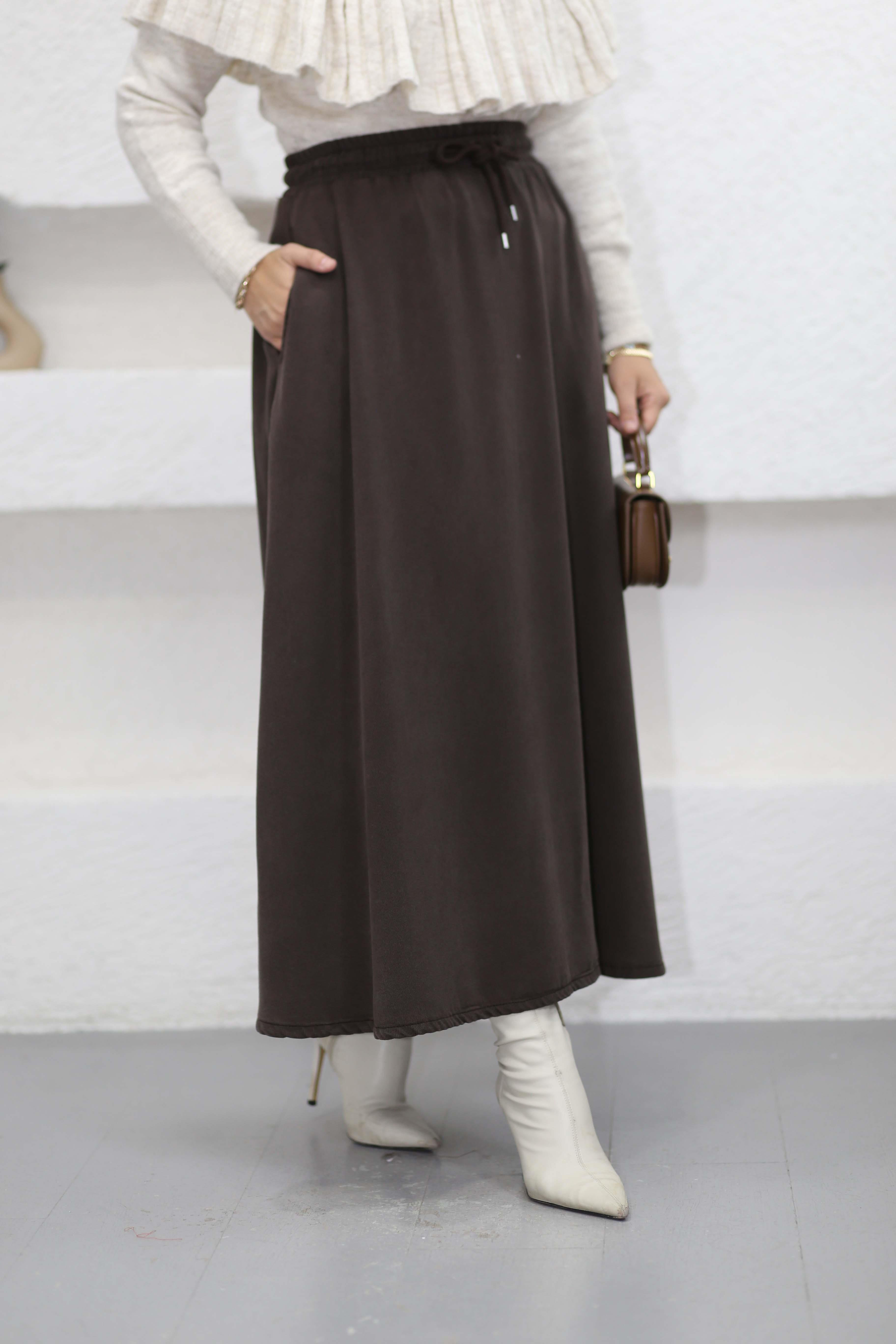 Beli Lastikli Tencel Etek Kahverengi 3322