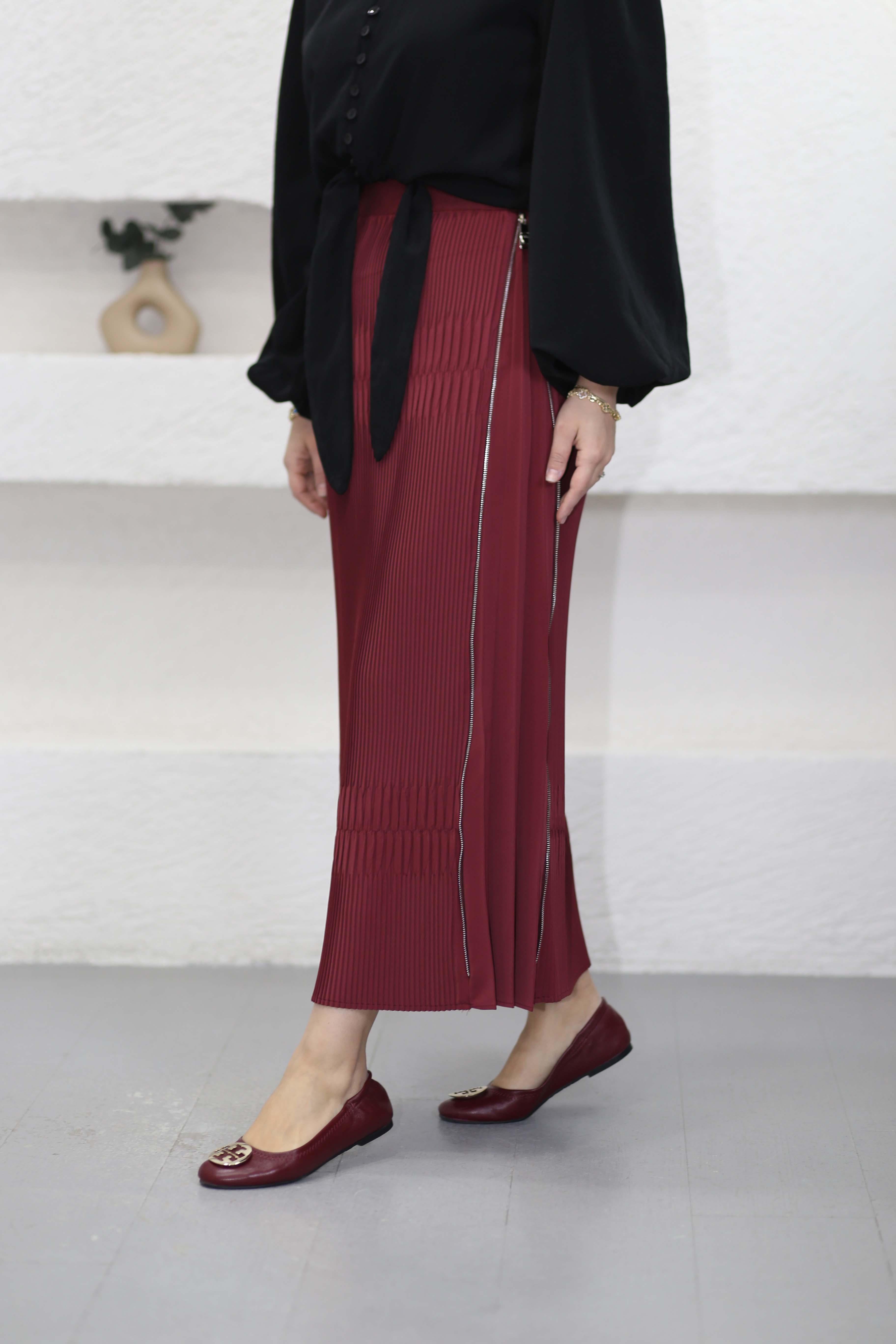Fermuar Detaylı Etek Bordo 1452