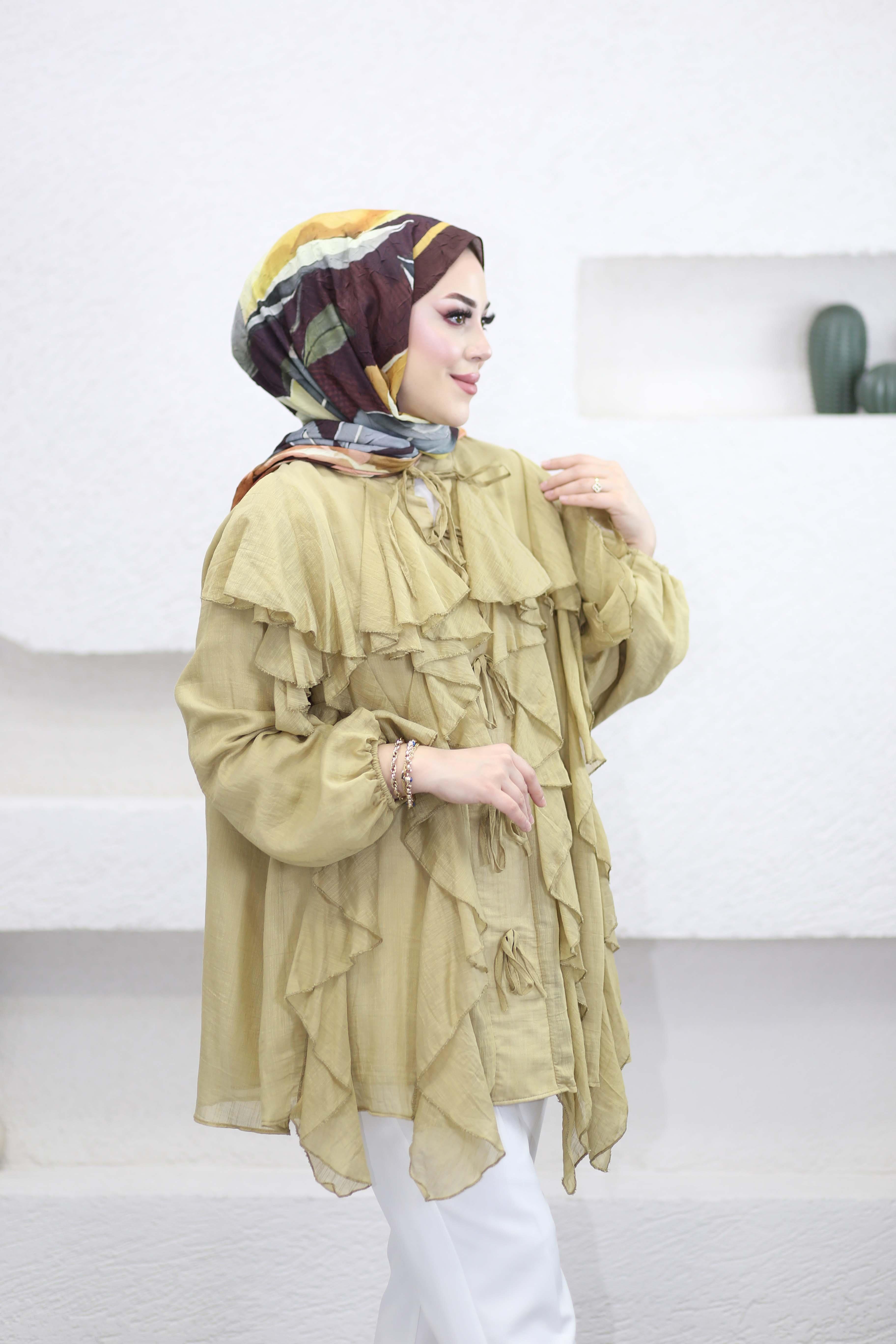 Melis Önü Fırfırlı Gömlek Yağ Yeşili 8249