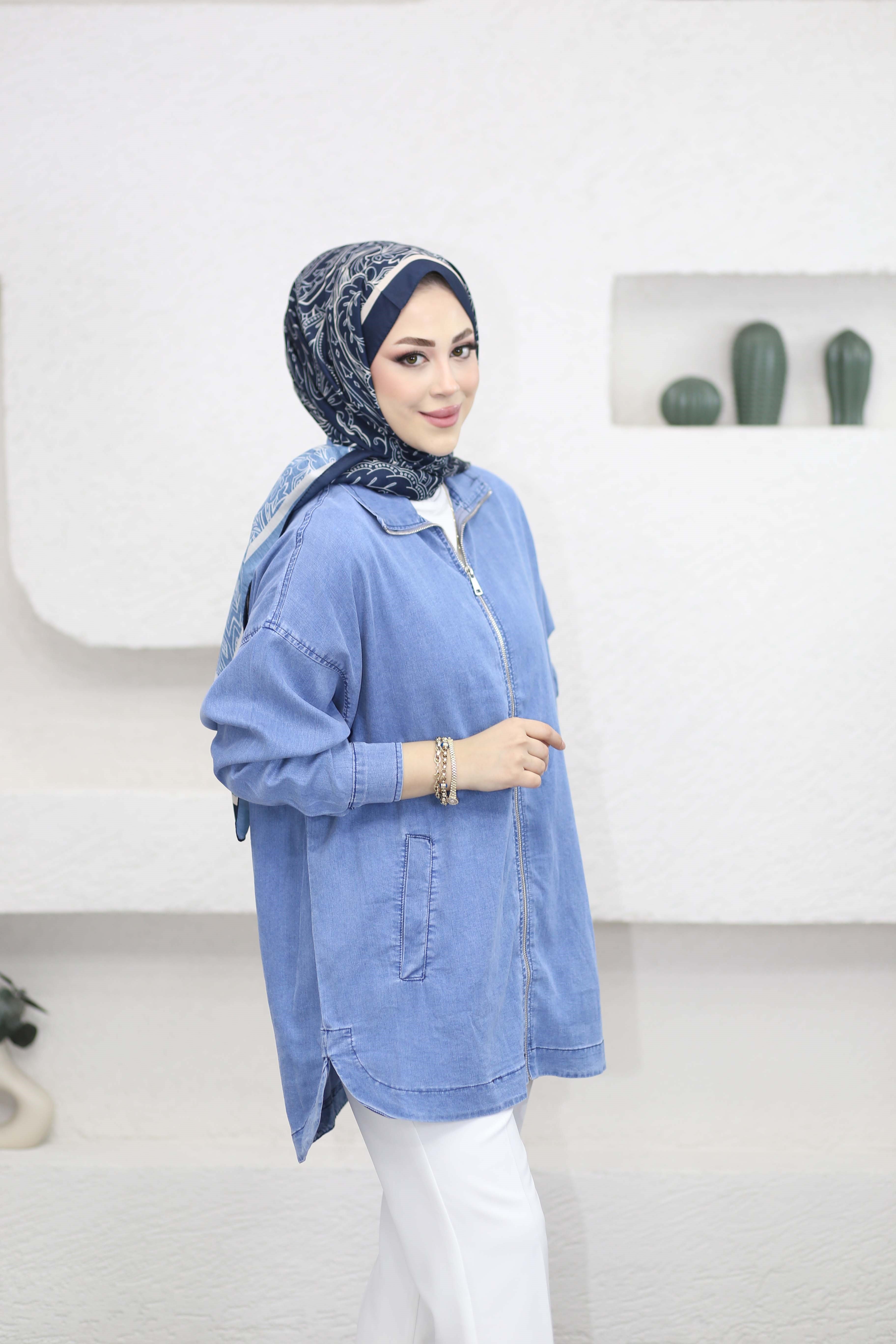 Fermuarlı Tencel Gömlek Açık Mavi 5647