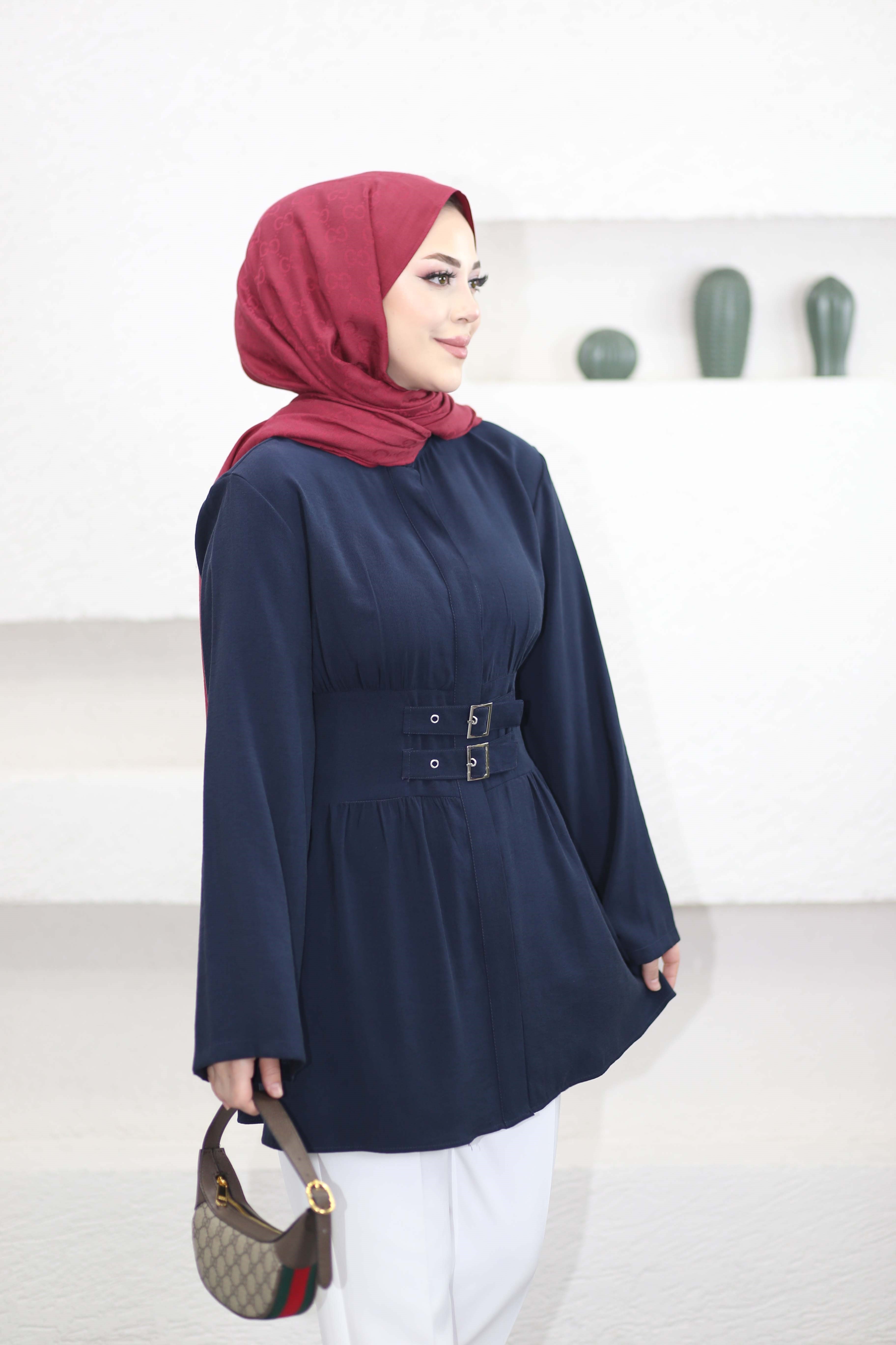 Beli Oturtma Kemerli Gömlek Lacivert 7523