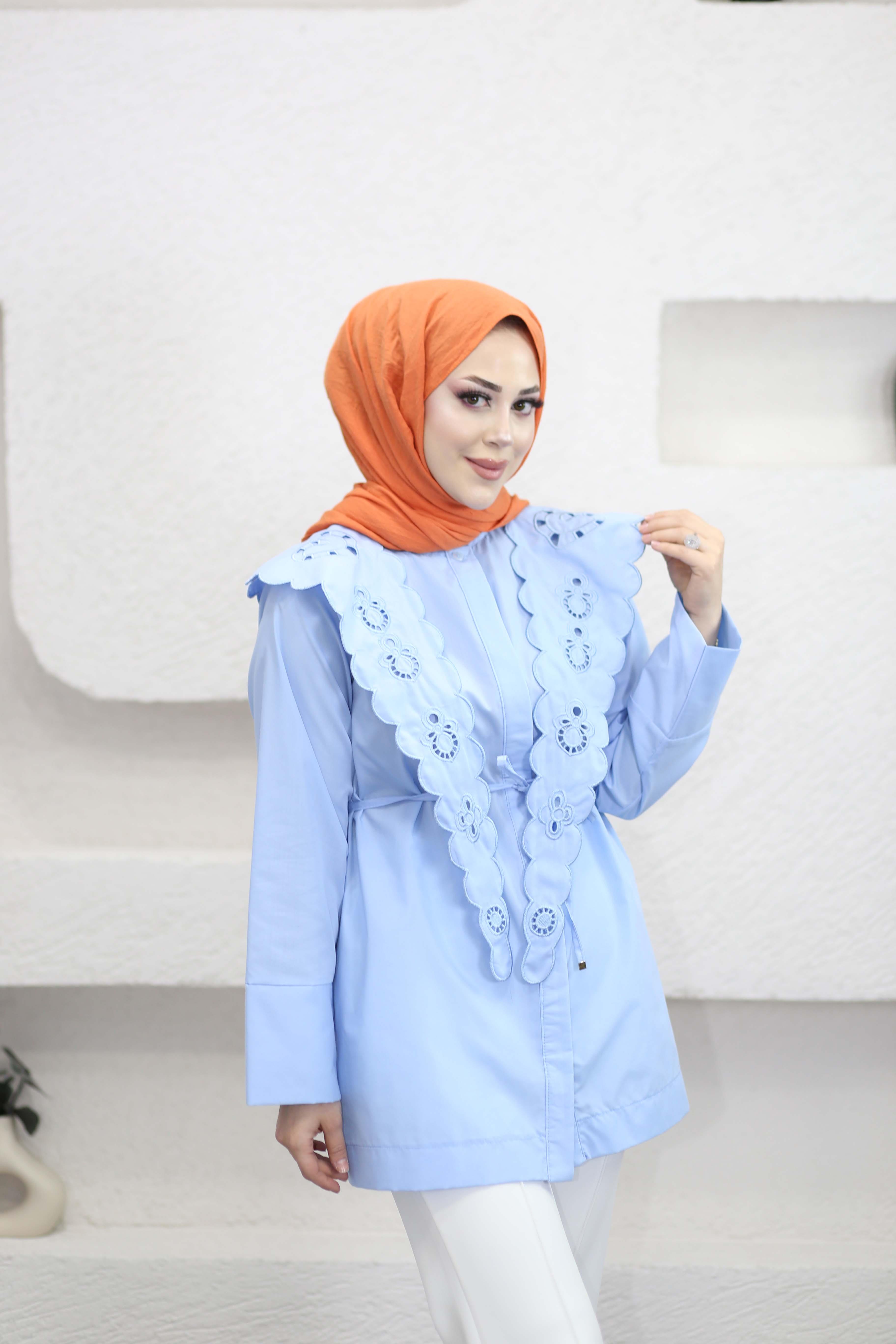 Yaka Nakışlı Gömlek Mavi 8348