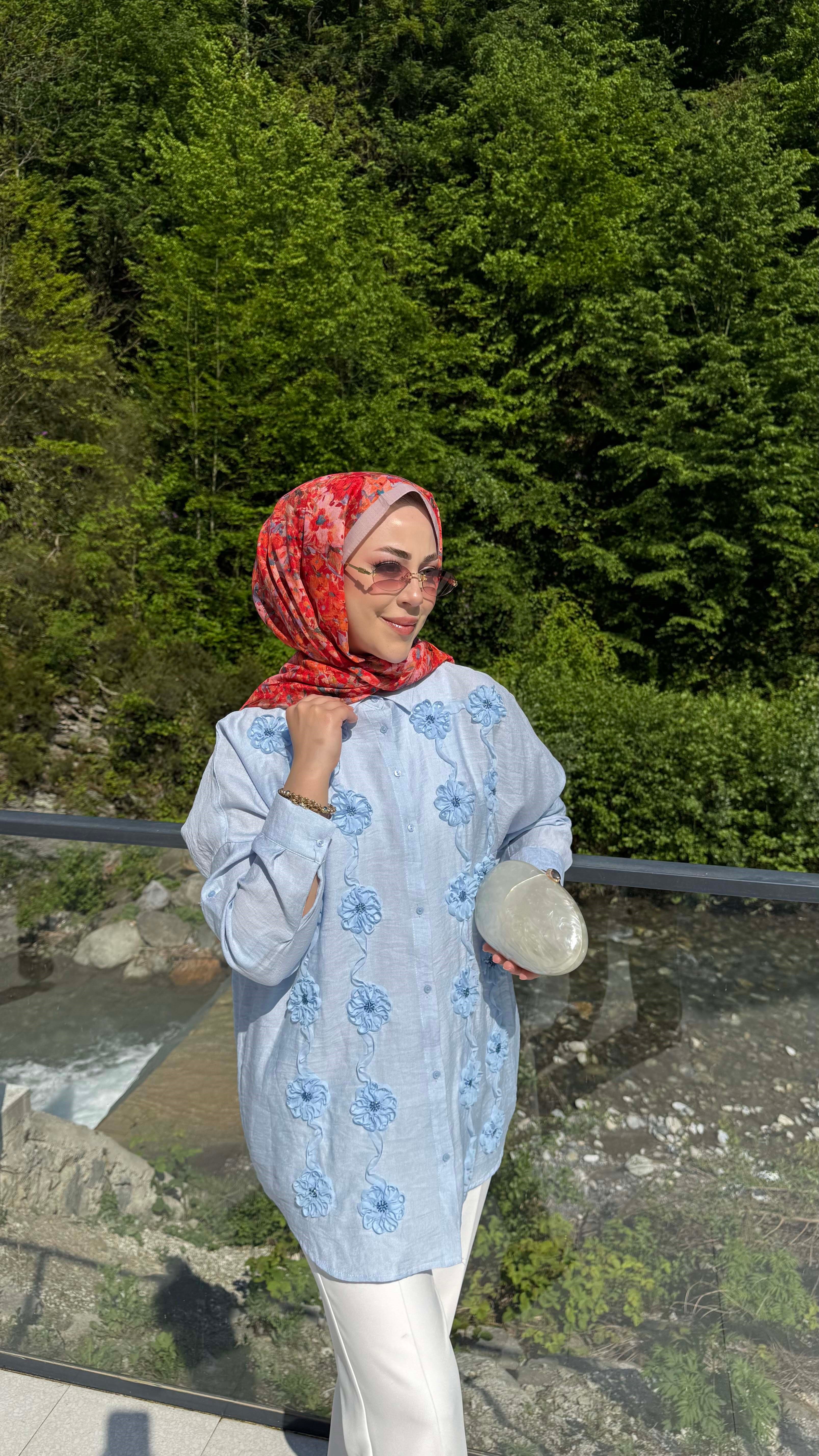 Çiçek Tüllü Gömlek Mavi 5479