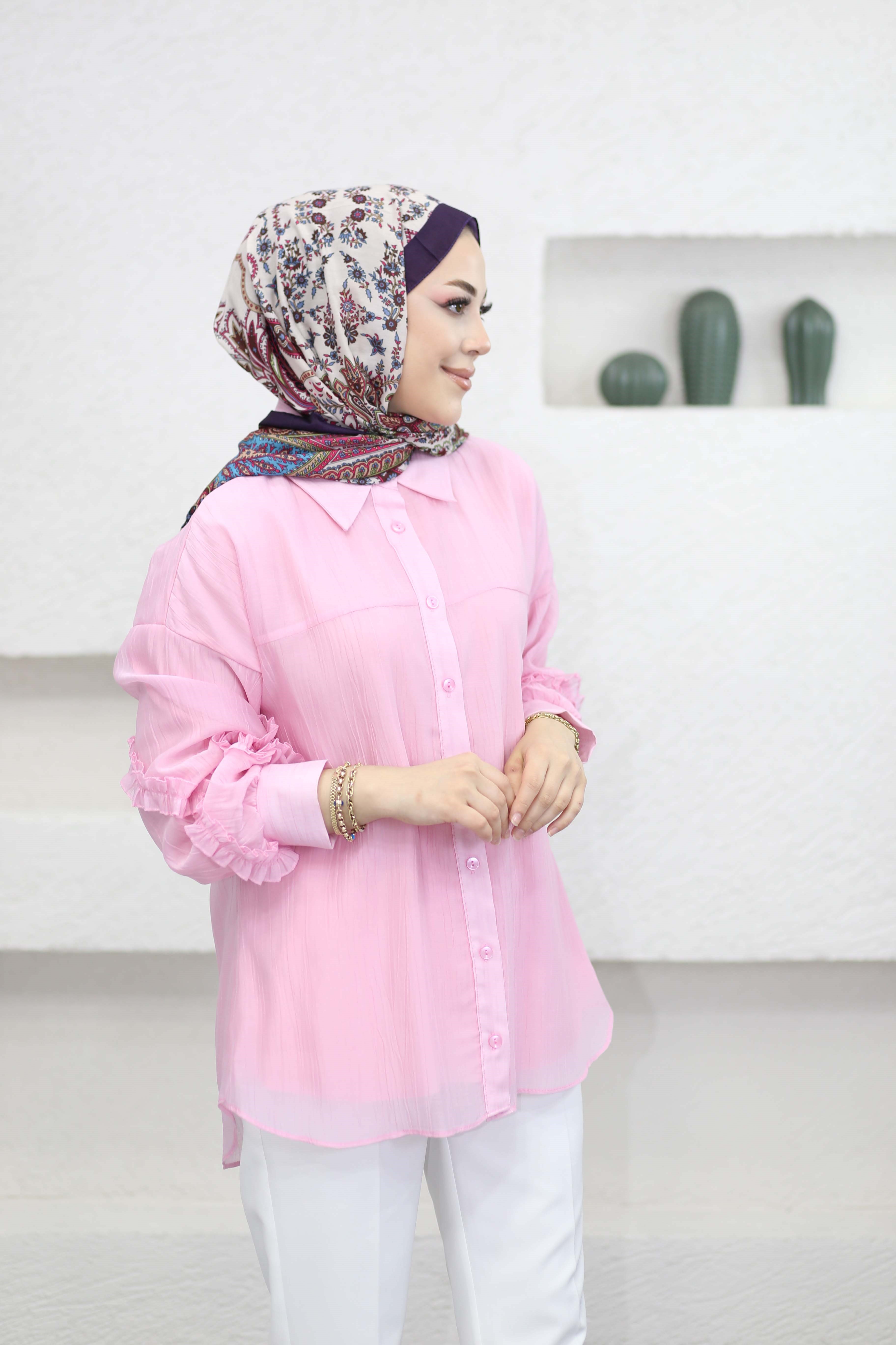 Kol Fırfırlı Gömlek Pembe 334