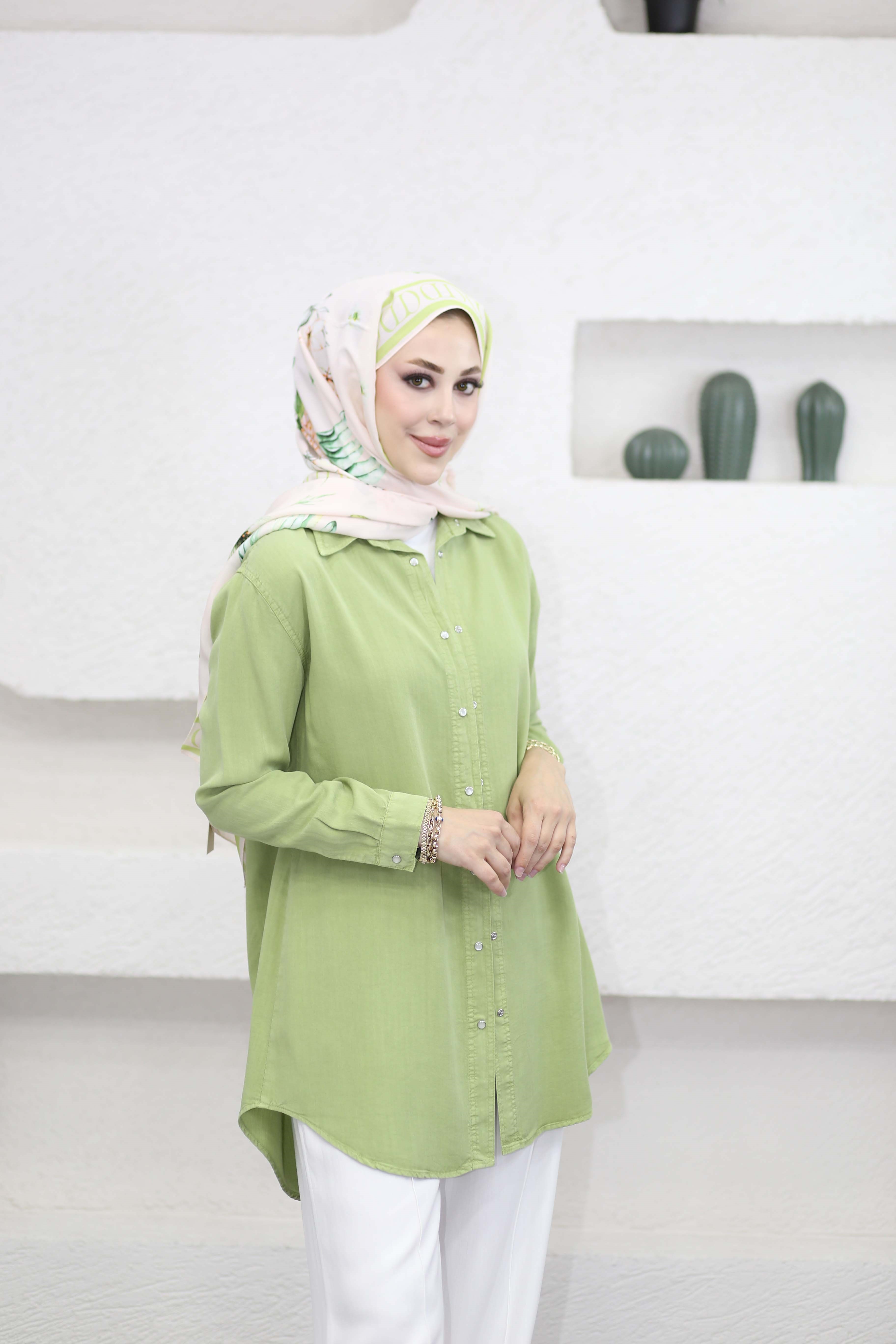 Çıtçıtlı Tencel Gömlek Yeşil 7546